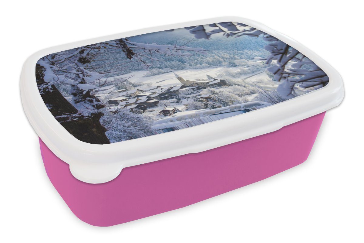 MuchoWow Lunchbox Alpen - Schnee - Dorf, Kunststoff, (2-tlg), Brotbox für Erwachsene, Brotdose Kinder, Snackbox, Mädchen, Kunststoff rosa
