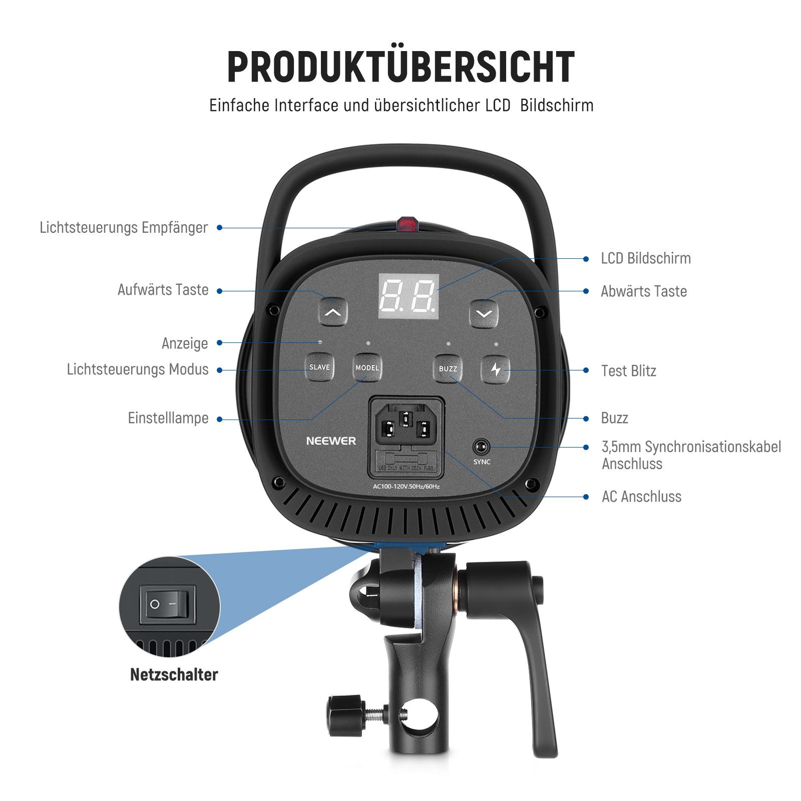 Neewer Studioleuchte S101-400W Studio Monolight Blitzlicht Set, 2Pack Set 800W Studio Flash, 5600K, mit Bowens Mount/Softbox/Ständer/Reflektor/Auslöser