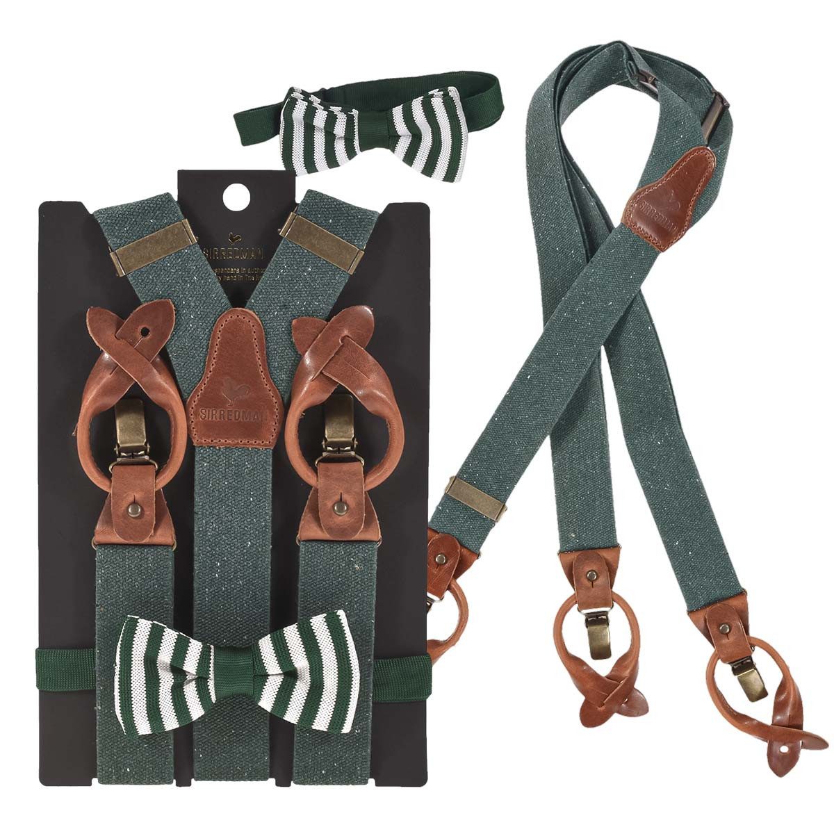 Sir Redman Hosenträger Recycled mit Clips und Schluafen für Knöpfe Set mit Fliege green Holländer Y-Form Set, Fliege, Hosenclips,130cm lang, grün