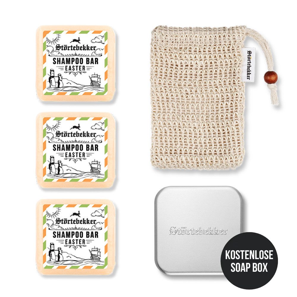 Störtebekker Festes Haarshampoo Duschset - 3x Shampoo, Soap Bag und GRATIS Seifendose, Veganes Shampoo, praktische Aufbewahrung, handgefertigt in Holland