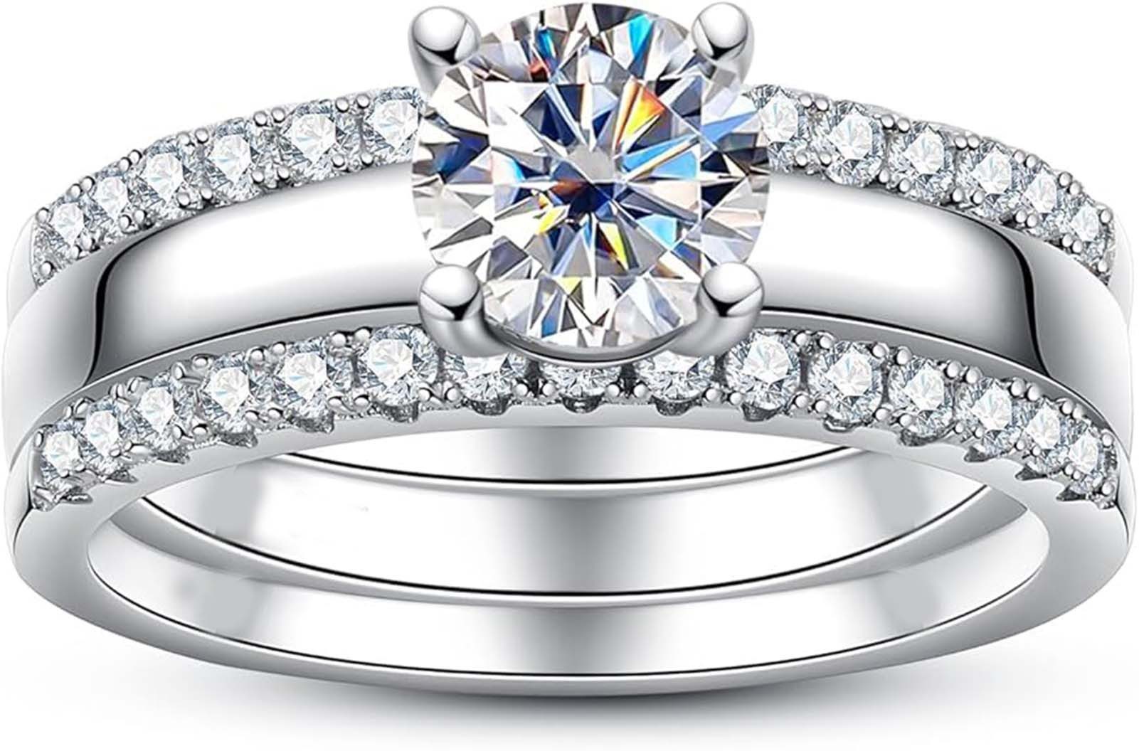 Jumpeak Diamantring E VS1 14K Weißgold Labordiamant Ring, Ehering Braut Set,Vier-Krallen, Diamanten im Brillantschliff,Jubiläumsring, stapelbarer Damenring