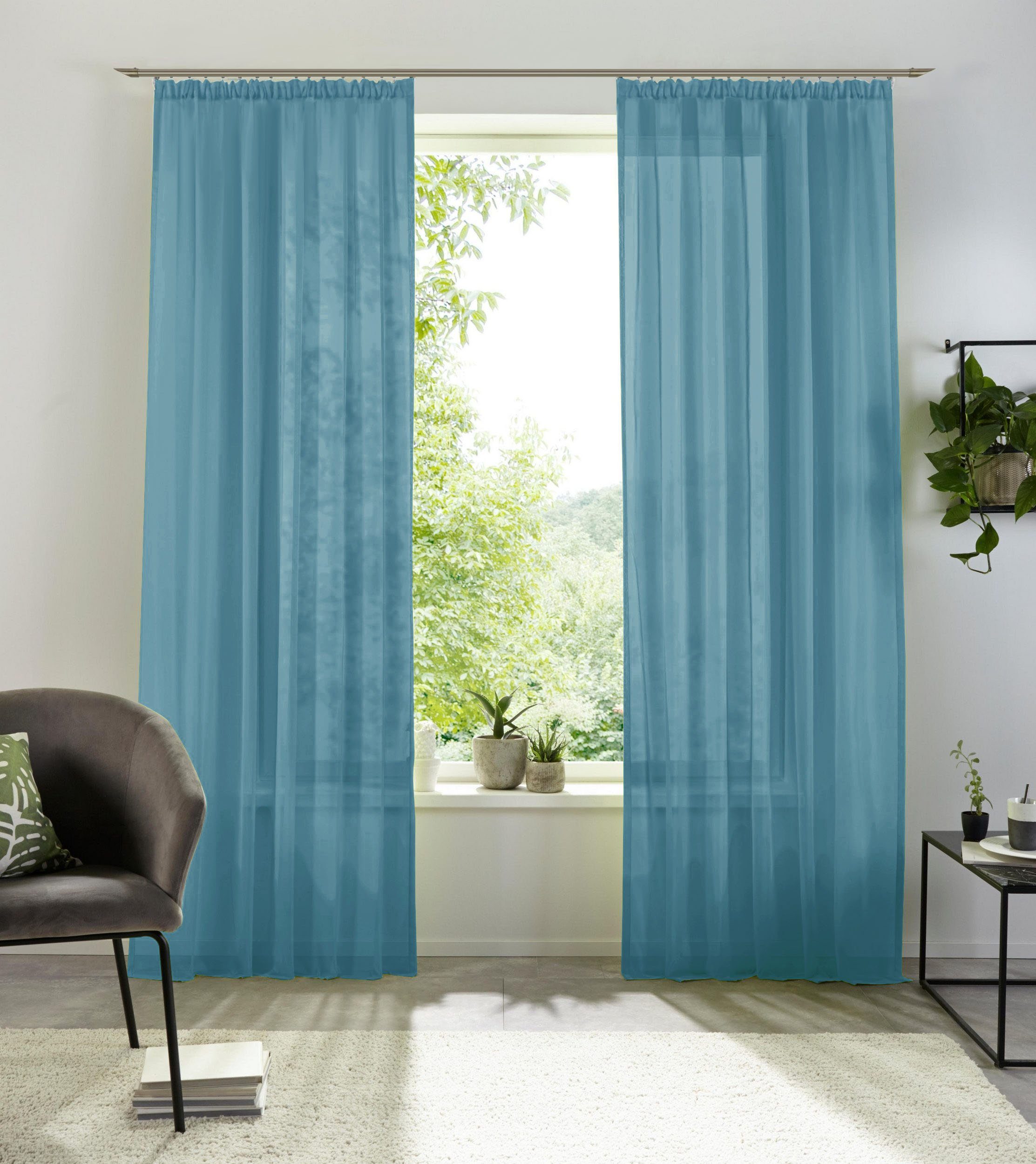 Gardine XANA, my home, Kräuselband (1 St), transparent, Polyester, 1 Schal, Voile, einfarbig, pflegeleicht blau | Fertiggardinen