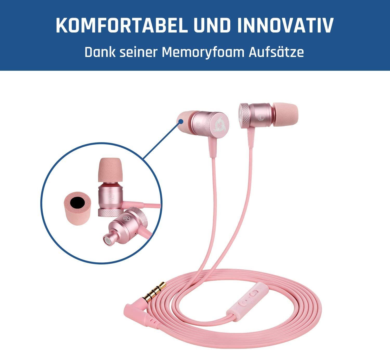 KLIM Fusion In-Ear-Kopfhörer (3,5mm Stöpsel) Klinkenanschluss, Memory Rosagold Foam