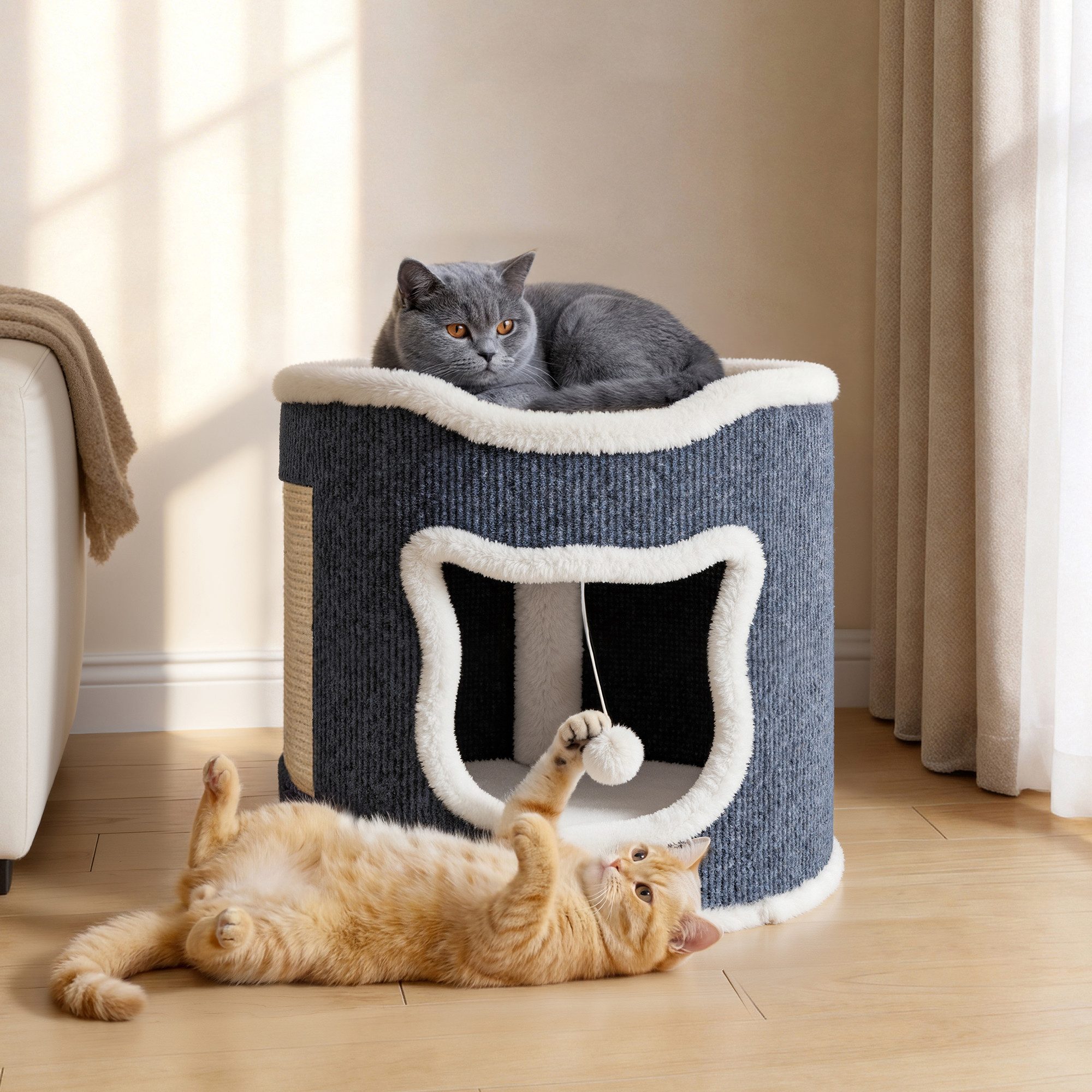 Klyvvo Katzenhaus Großes Katzenhaus, Komfortables Katzenbett, Katzenhöhle, mit Kratzbaum, Spielball, für mittelgroße große Katzen, einlagig