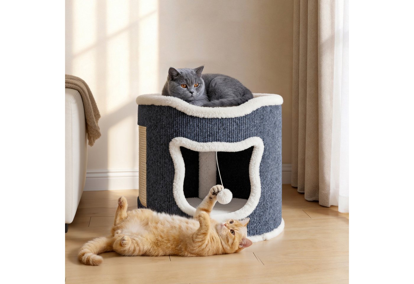 Klyvvo Katzenhaus Großes Katzenhaus, Komfortables Katzenbett, Katzenhöhle, mit Kratzbaum, Spielball, für mittelgroße große Katzen, einlagig