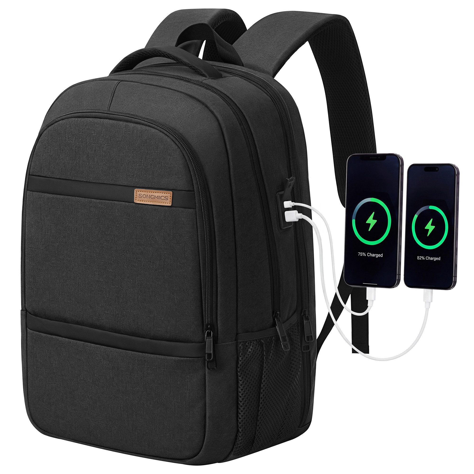 SONGMICS Laptoprucksack mit USB-A & Type-C, Business Rucksack, 180° aufklappbar, 17,3 Zoll, Diebstahlsichere Rückentasche, mit Koffergurt