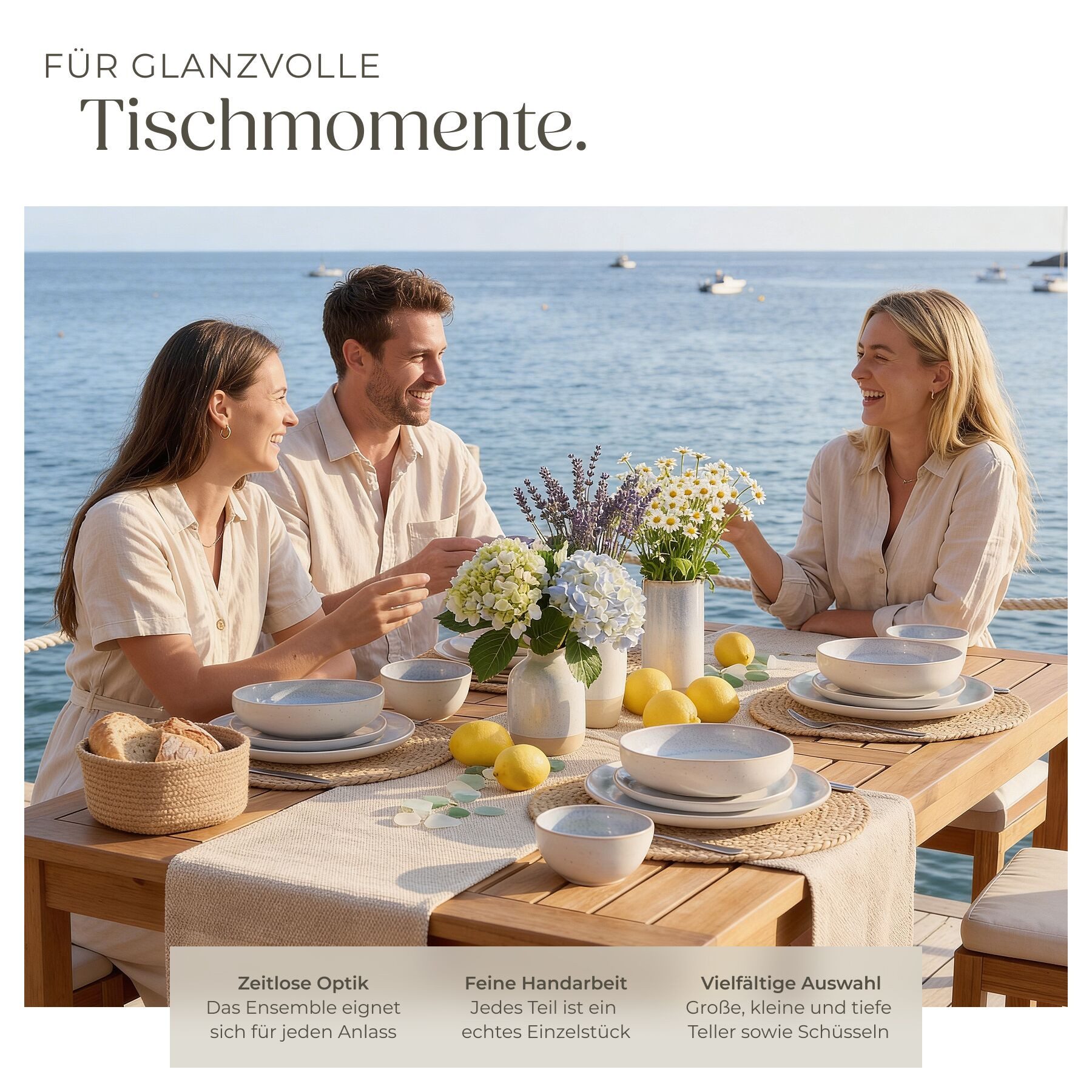 tectake Geschirr-Set Tafelservice aus Steingut für 6 Personen, ineinander stapelbar (24-tlg), 6 Personen, Steingut, handgefertigt, mit Glasur, spülmaschinen- un – Bild 3 von 5