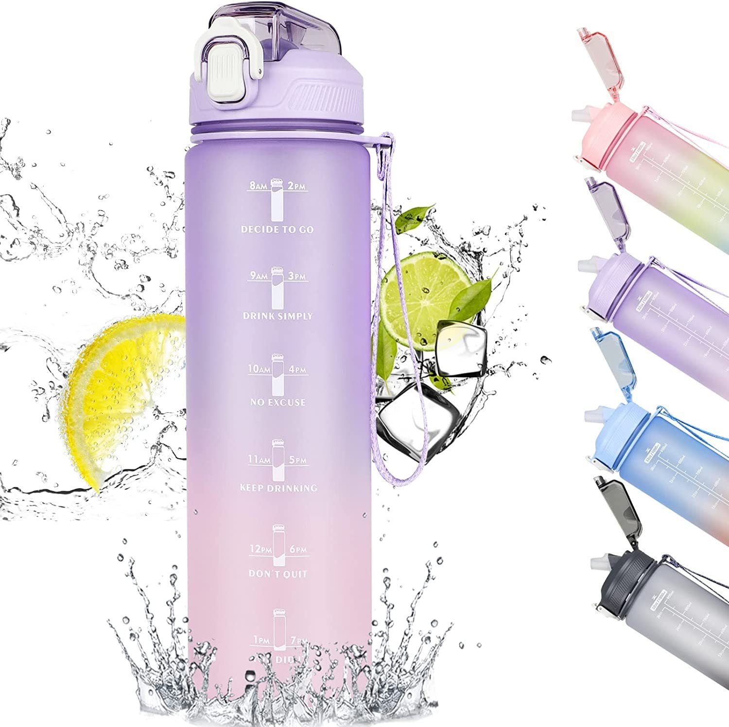 zggzerg Trinkflasche 1L Wasserflasche, Trinkflasche mit Strohhalm und Zeitmarkierung Purple