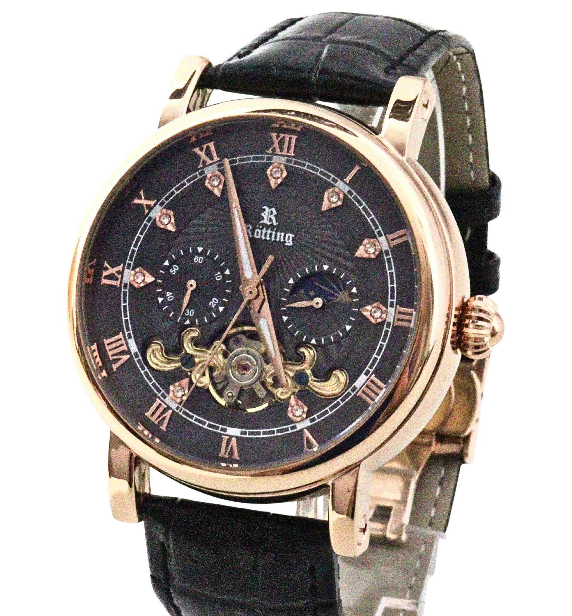 Rötting Design Automatikuhr Herrenuhr Armbanduhr Tag/Nacht Phase schwarzes Ziffernblatt, Tag/Nacht Phasen Anzeige, goldrosefarbenes Gehäuse