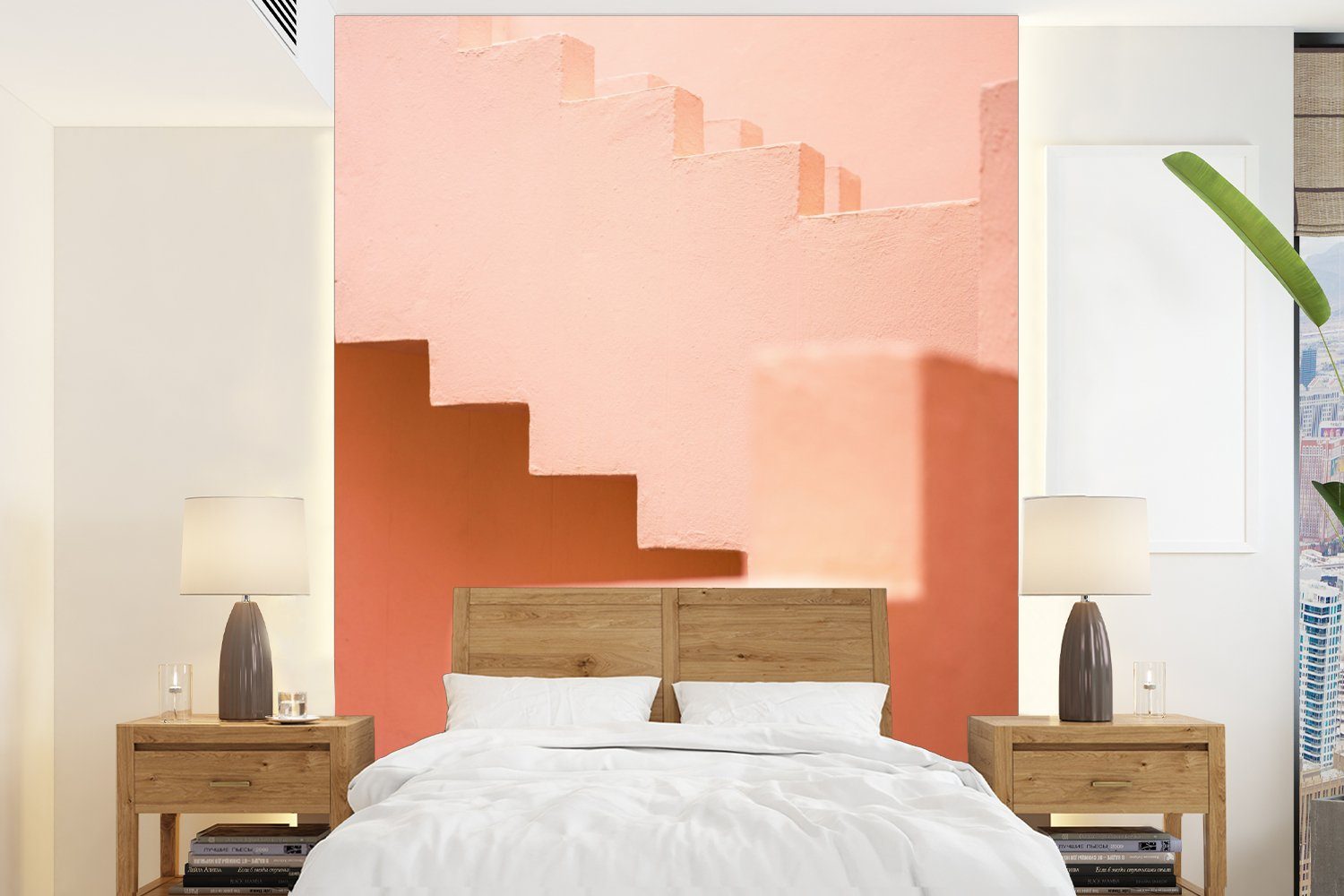 MuchoWow Fototapete Architektur - Treppe - Pastell - Rosa, Matt, bedruckt, (4 St), Montagefertig Vinyl Tapete für Wohnzimmer, Wandtapete