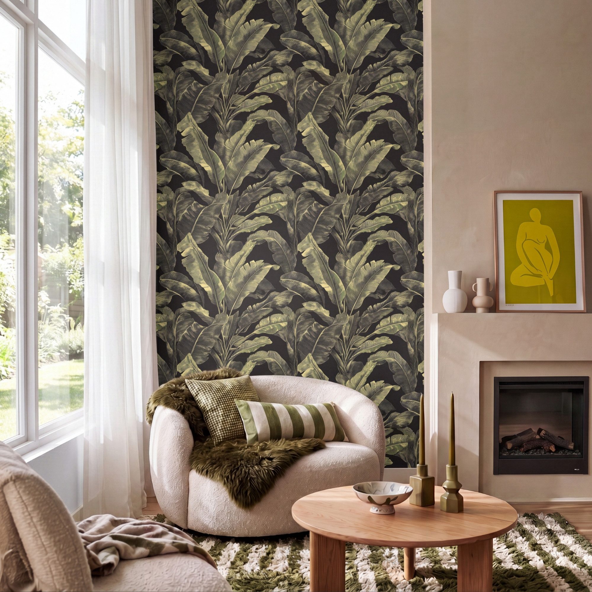 OnlyWow Fototapete Botanisch - Blätter - Grün, Matt, bedruckt, Modern, Wanddekoration, Wohnzimmer, Wandtapete 120x200cm