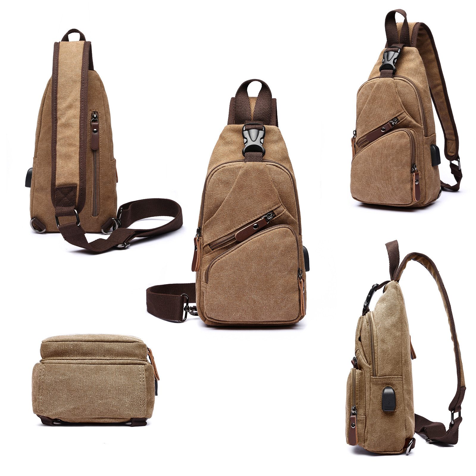 TAN.TOMI Umhängetasche Brusttasche Herren, Schultertasche Herren und Damen mit USB-Aufladung, Brusttasche, Canvas Brusttasche mit Verstellbaren Schultergurten