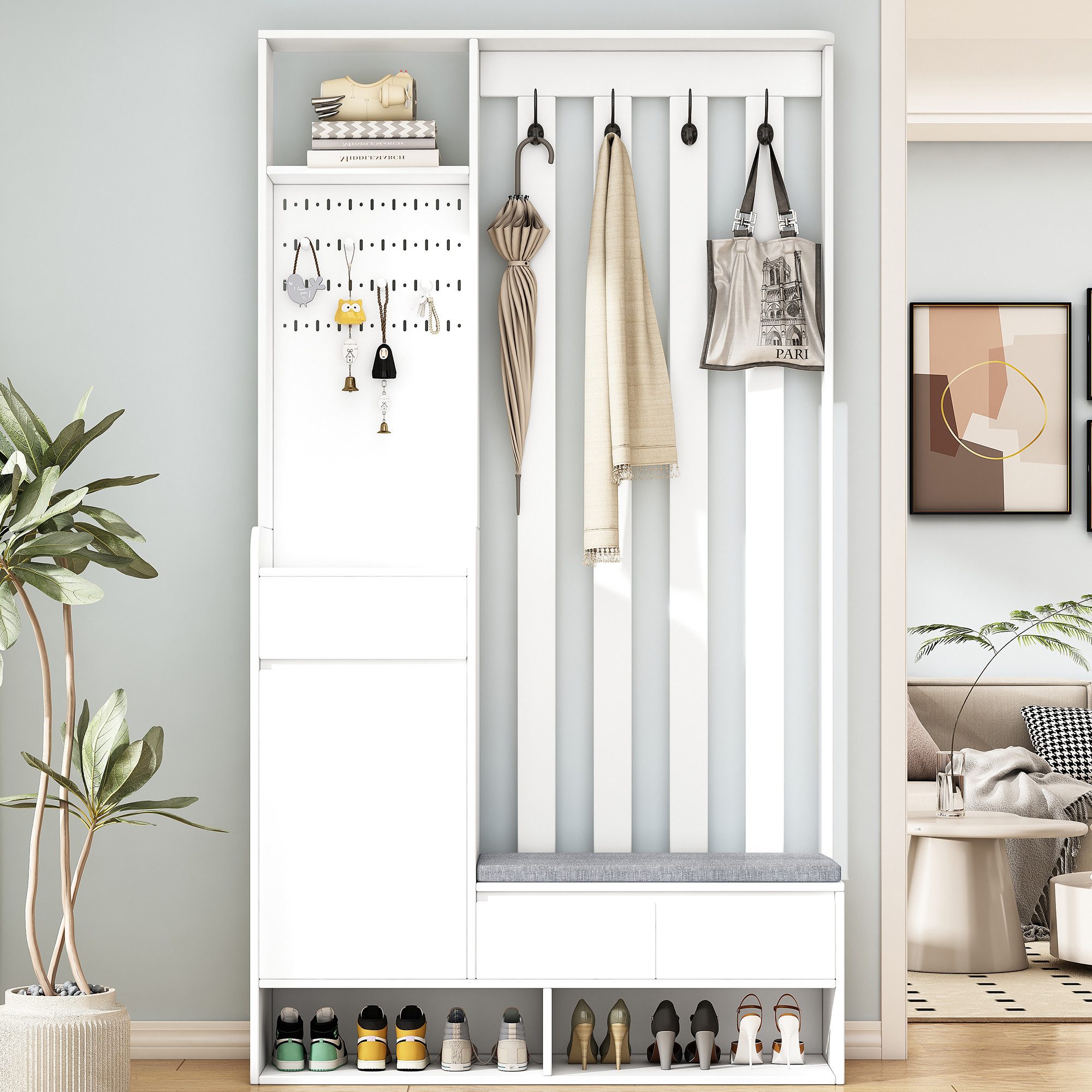 IDEASY Garderobenständer H180*B100*T35 cm, Garderoben-Set mit Bank und Schuhablage, (moderne Garderobe mit 4 Haken für Eingangsbereich, Waschküche), mit gepolsterter Aufbewahrungsbank, Flur-Schuhschrank mit Stecktafel