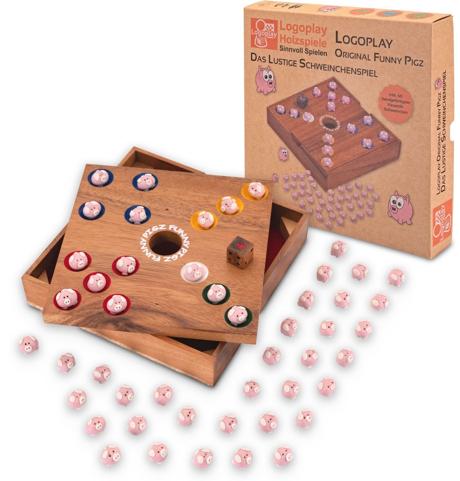 LOGOPLAY Spiel Original Funny Pigz mit Karton, Familienspiel, Original Funny Pigz Lustiges Schweinchenspiel-Würfelspiel aus Holz &
