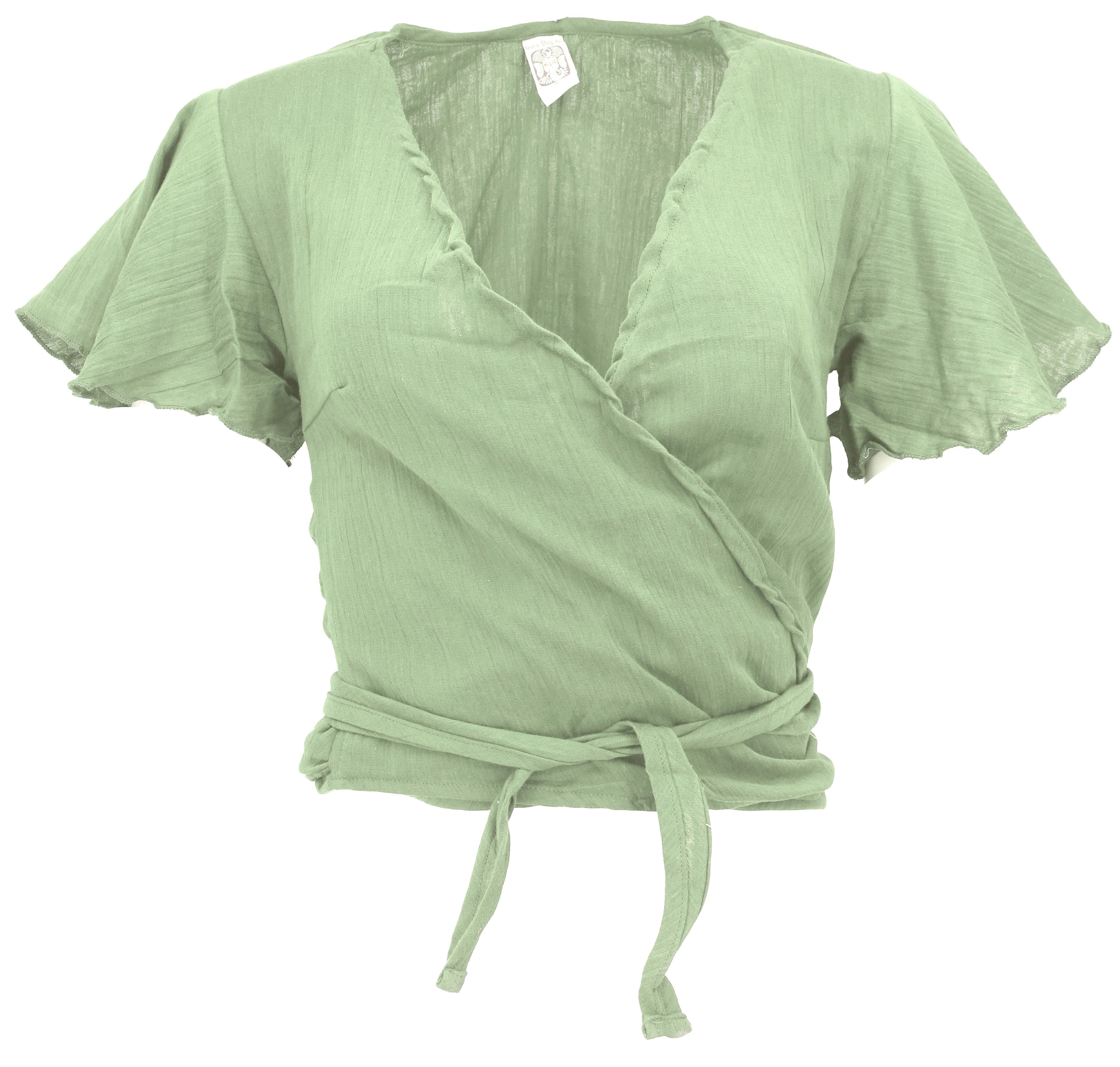 Guru-Shop Longbluse Boho Wickelbluse, Wickeltop aus Baumwolle - grün alternative Bekleidung