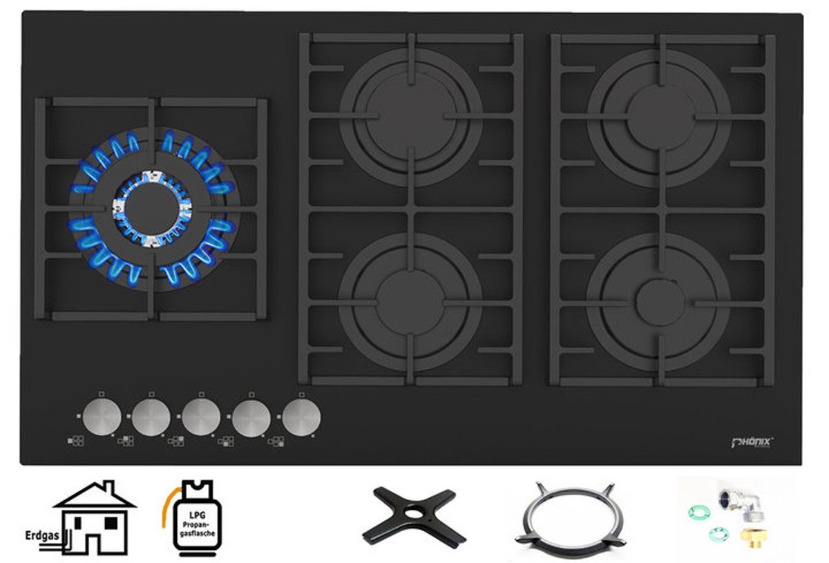 Phönix Germany Gas-Kochfeld PG-905SW2L, Gaskocher 5 flammig mit Zündsicherung, Propan- / Erdgas, H-Gas