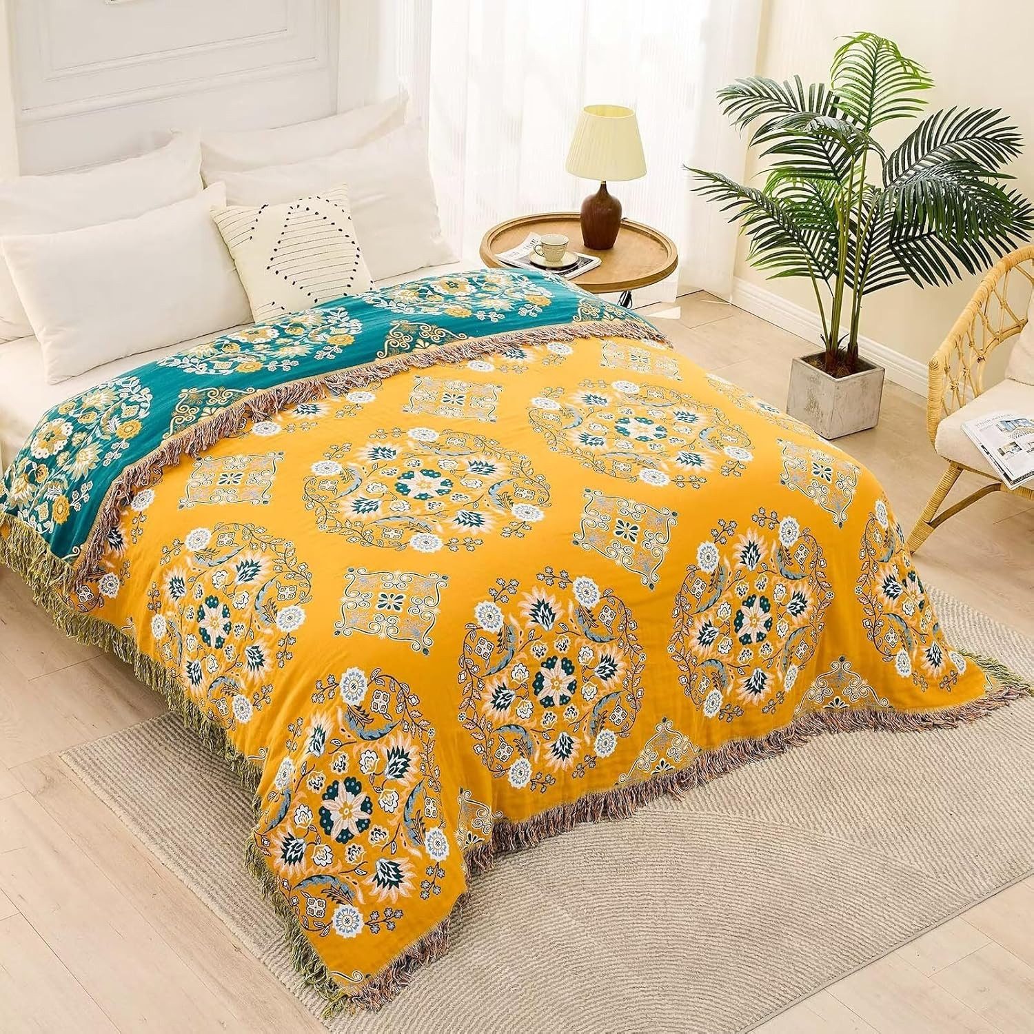 Wohndecke Wendbare Baumwolldecke Bauernhaus Boho Stil 152x203cm weich dekorativ, FELIXLEO – Bild 4 von 5