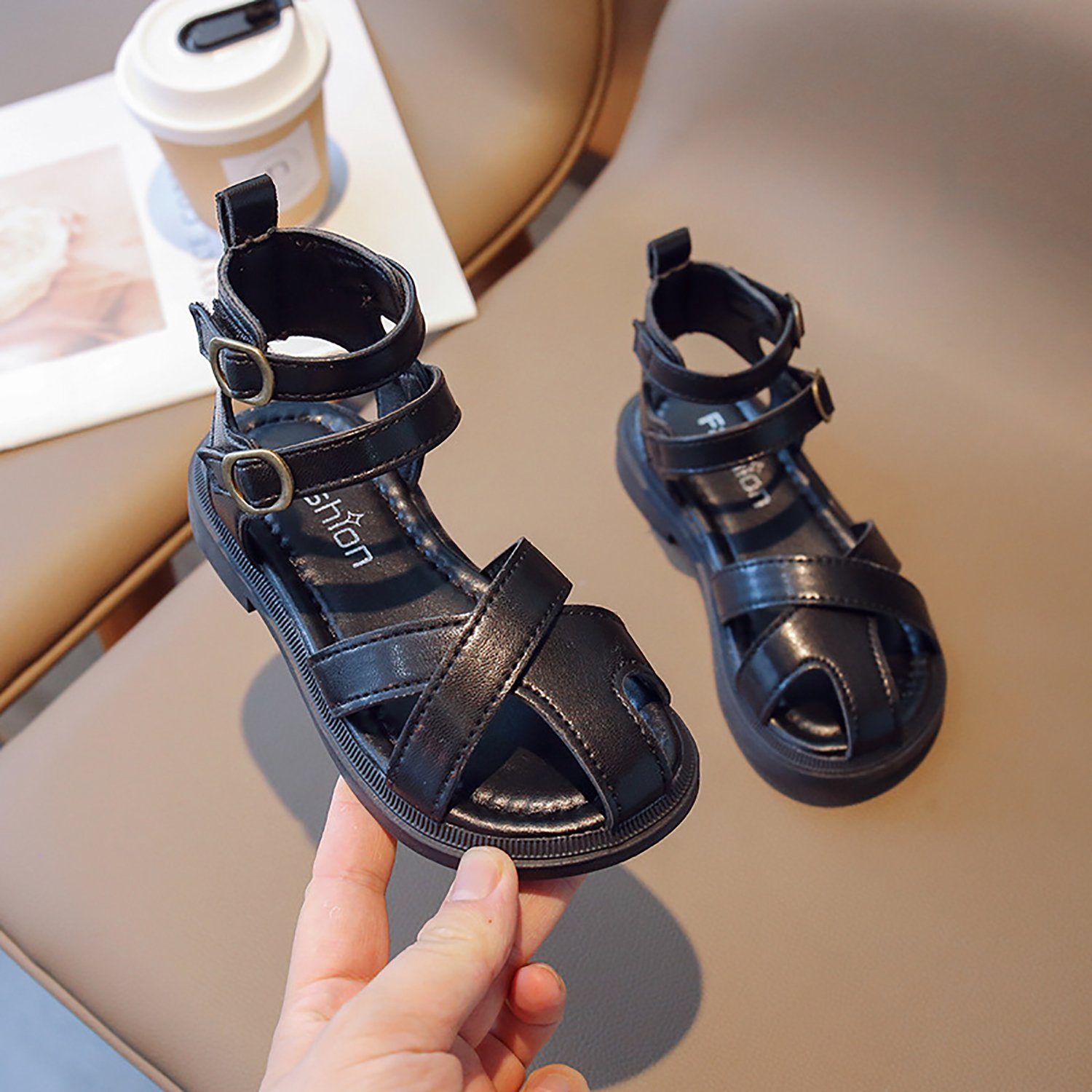 Daisred Mädchen römische Sommerschuhe Freizeitschuh sandalette Flach Schwarz Sandale