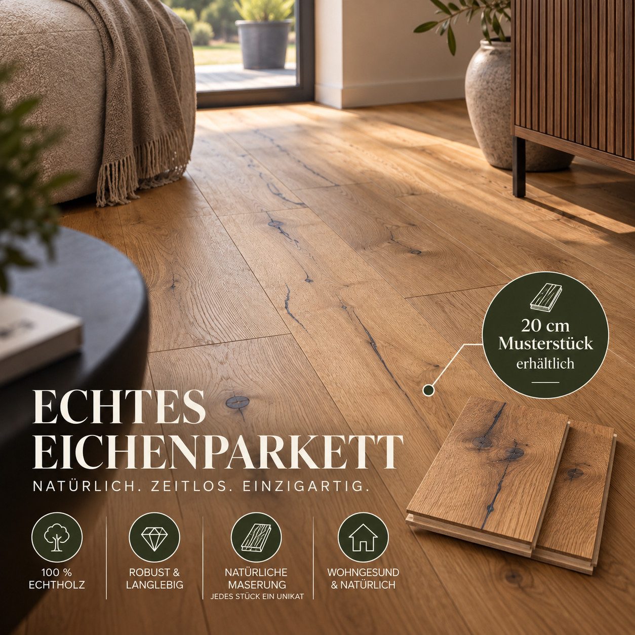Woodstore24 Parkett Eiche Landhausdiele rustikal 240x2200mm 3,16m² Paket gebürstet & geölt, Bodenbelag Klicksystem, extra Breite Dielen & angenehme Haptik, 1 St., Breitdiele 24 x 220 cm mit 4 mm Nutzschicht & 2G-Klicksystem, Eichenparkett, Breitdiele, Klick Parkett, geölt, Fertigparkett