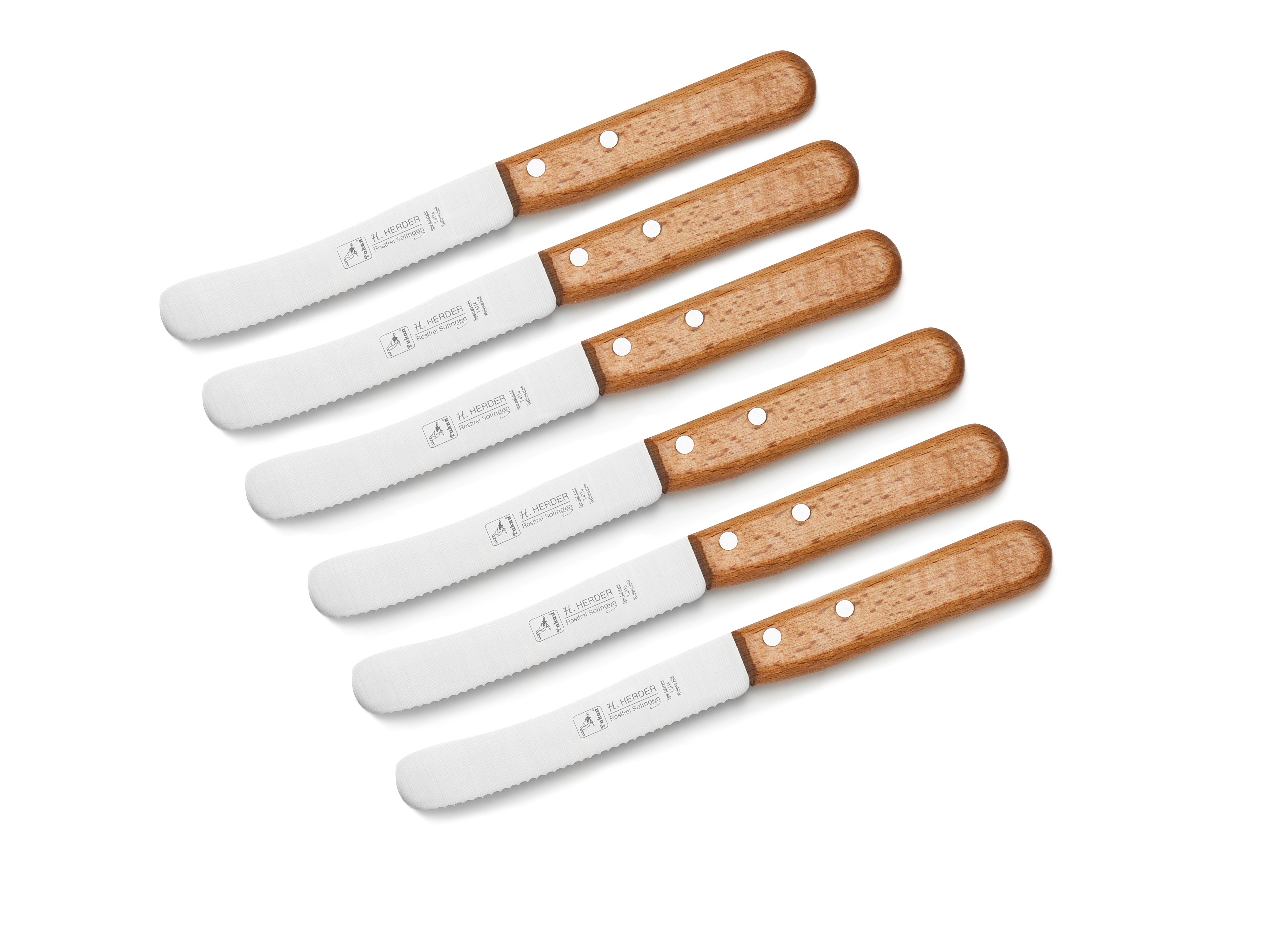 H. Herder Brotzeitmesser 6er-Set Buckelsmesser Buchenholz mit Welle - rostfrei (6 Stück), Klinge aus legiertem Spezialstahl (rostfrei), Griff aus Buchenholz