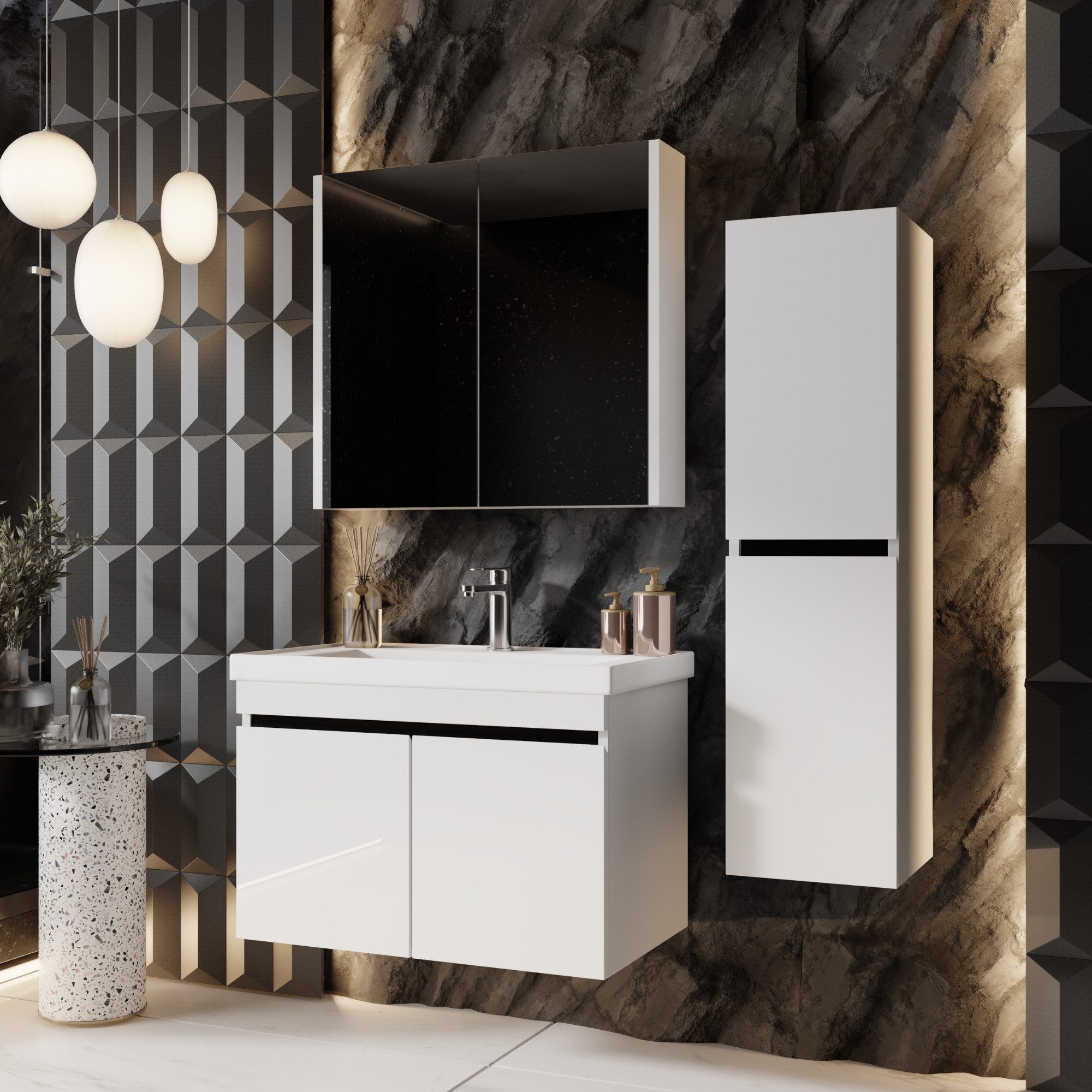 Karen Badmöbel-Set Badmöbel Set Venus, (Komplett-Set, Standartmäßig 3-Teilig (Unterschrank, Spiegelschrank, Waschbecken), Optionaler Hochschrank, 3-St., Unterschrank mit Türen, Spiegelschrank mit Türen & Regalen), Futuristisches Design, Highgloss-Beschichtung, Softclose, Griffleisten