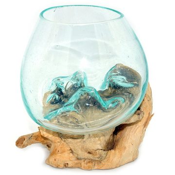 Gedeko Dekovase Deko Wurzelholz mit Glasvase, Glasdeko Kugelvase klein rund, Vase Glas auf Holz Ø 11-12 cm