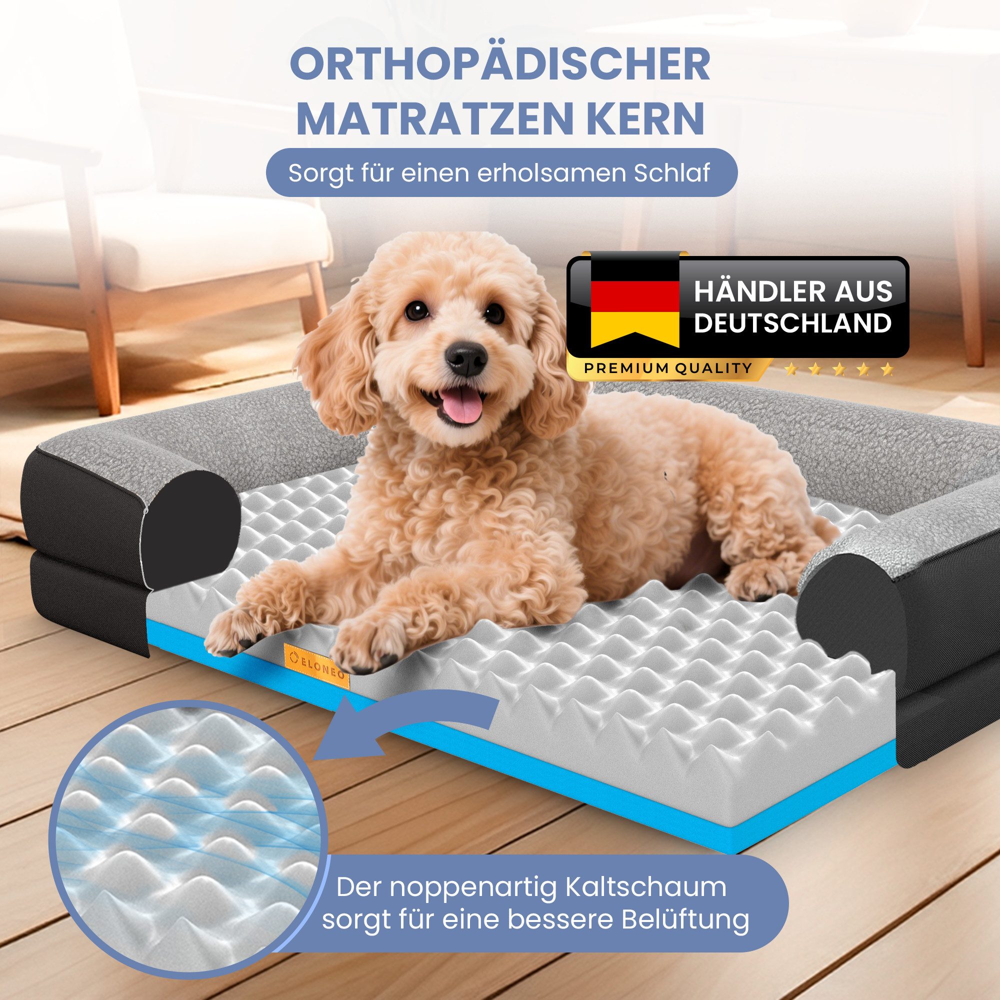 ELONEO Hundebett ELONEO - Orthopädisches Premium Hundebett, gelenkschonend, waschbar, Aus kuscheligem Sherpa-Fleece und strapazierfähigem Sofastoff