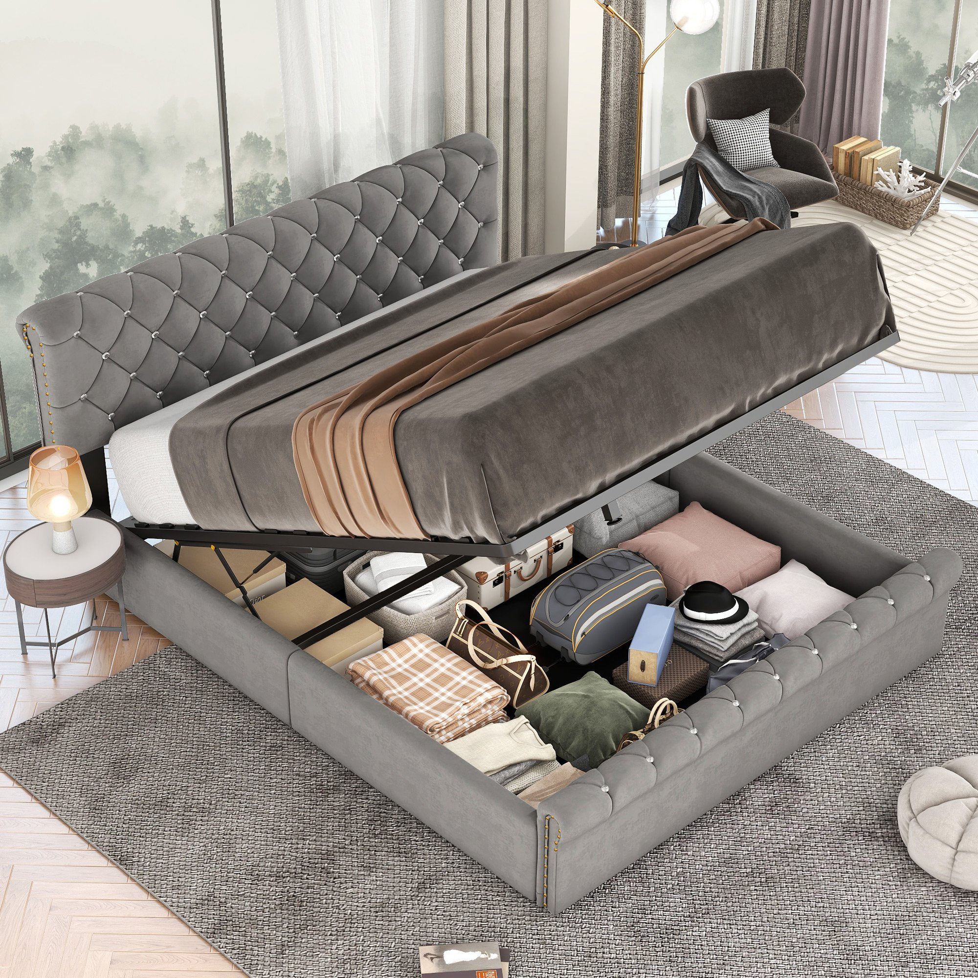Boxspringbett (Doppelbett 140 x 200 cm, Polsterbett mit kristall schnalle, Lattenrost und Bettkasten), Hydraulisches Bett Funktionsbett mit höhenverstellbar Kopfteil, Samt