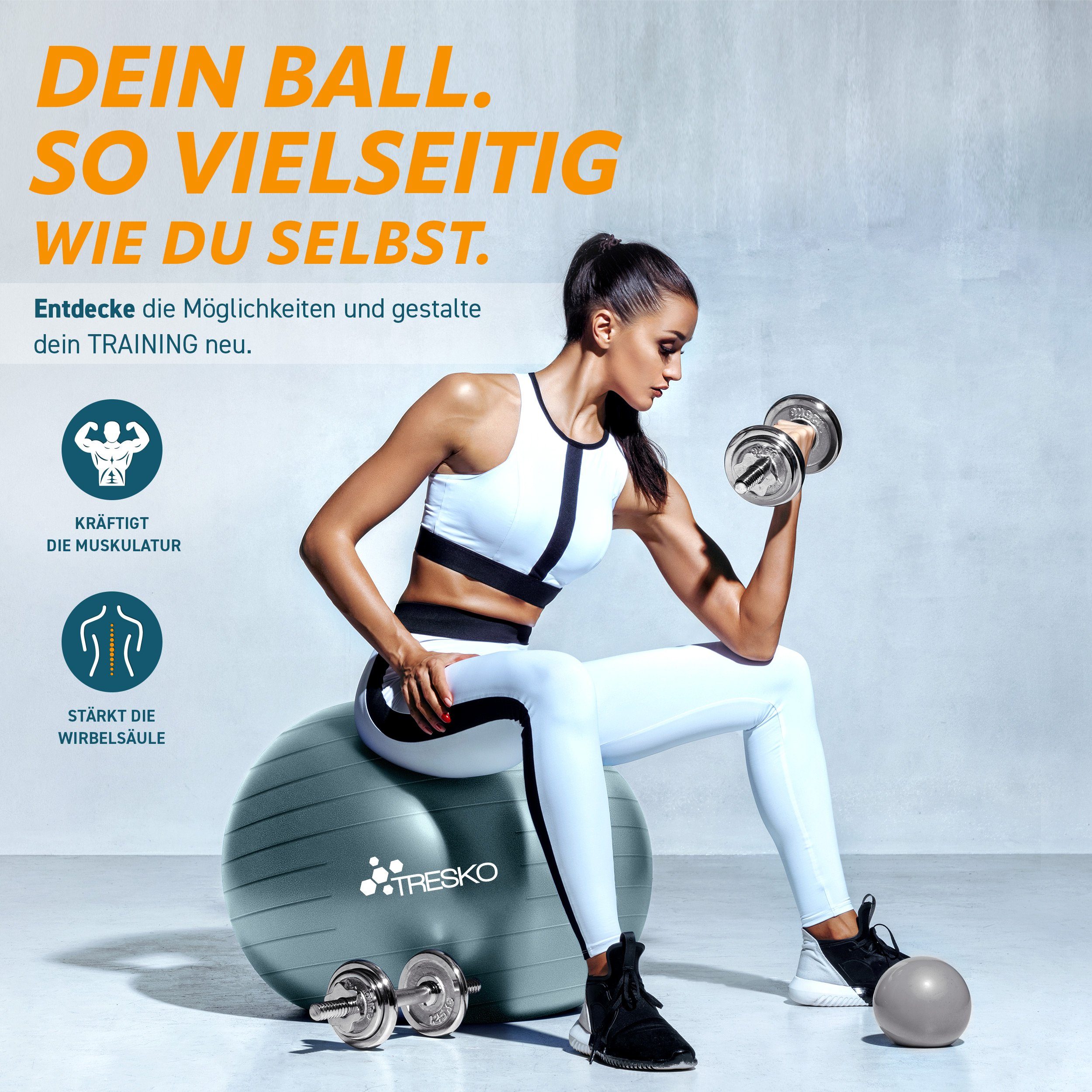 TRESKO Gymnastikball mit GRATIS Übungsposter inkl. Luftpumpe Yogaball, BPA-Frei Sitzball Büro Anti-Burst inkl. Luftpumpe, Fitnessball
