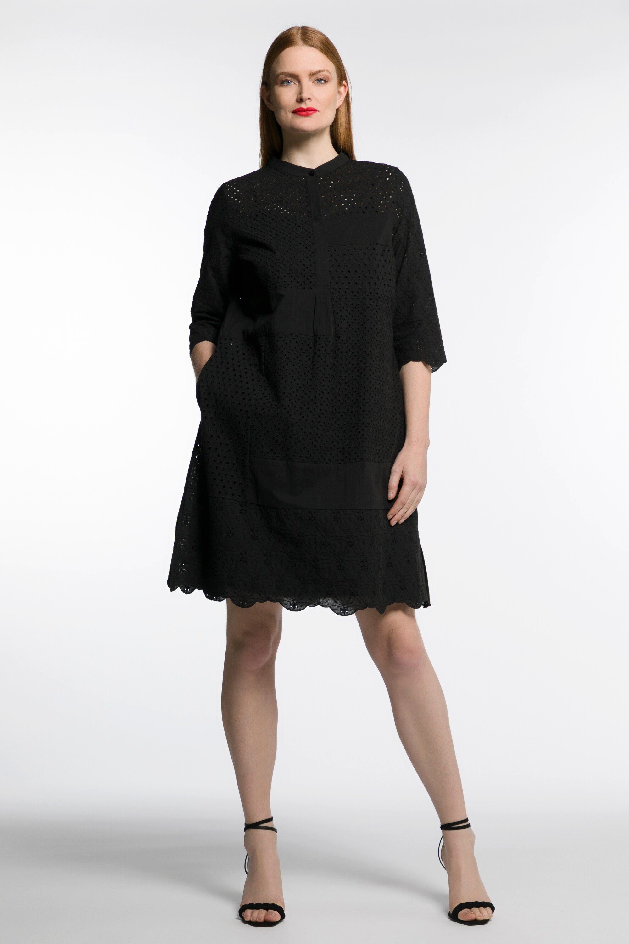 Popken Kleid 3/4-Arm Ulla A-Linie Stehkragen Patch-Design Jerseykleid