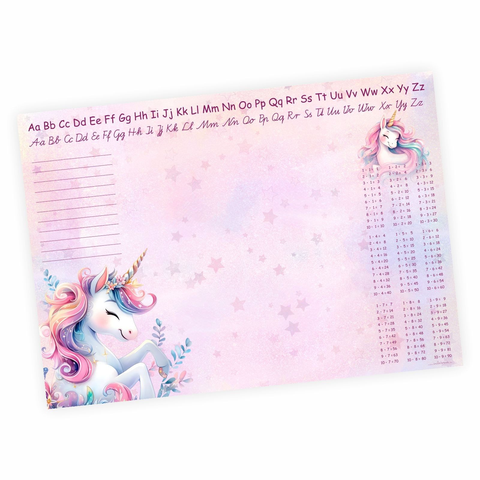 nikima Schreibtischunterlage A3 Schreibtischunterlage Einhorn rosa mit kleinem 1x1 Papier 50 Blatt