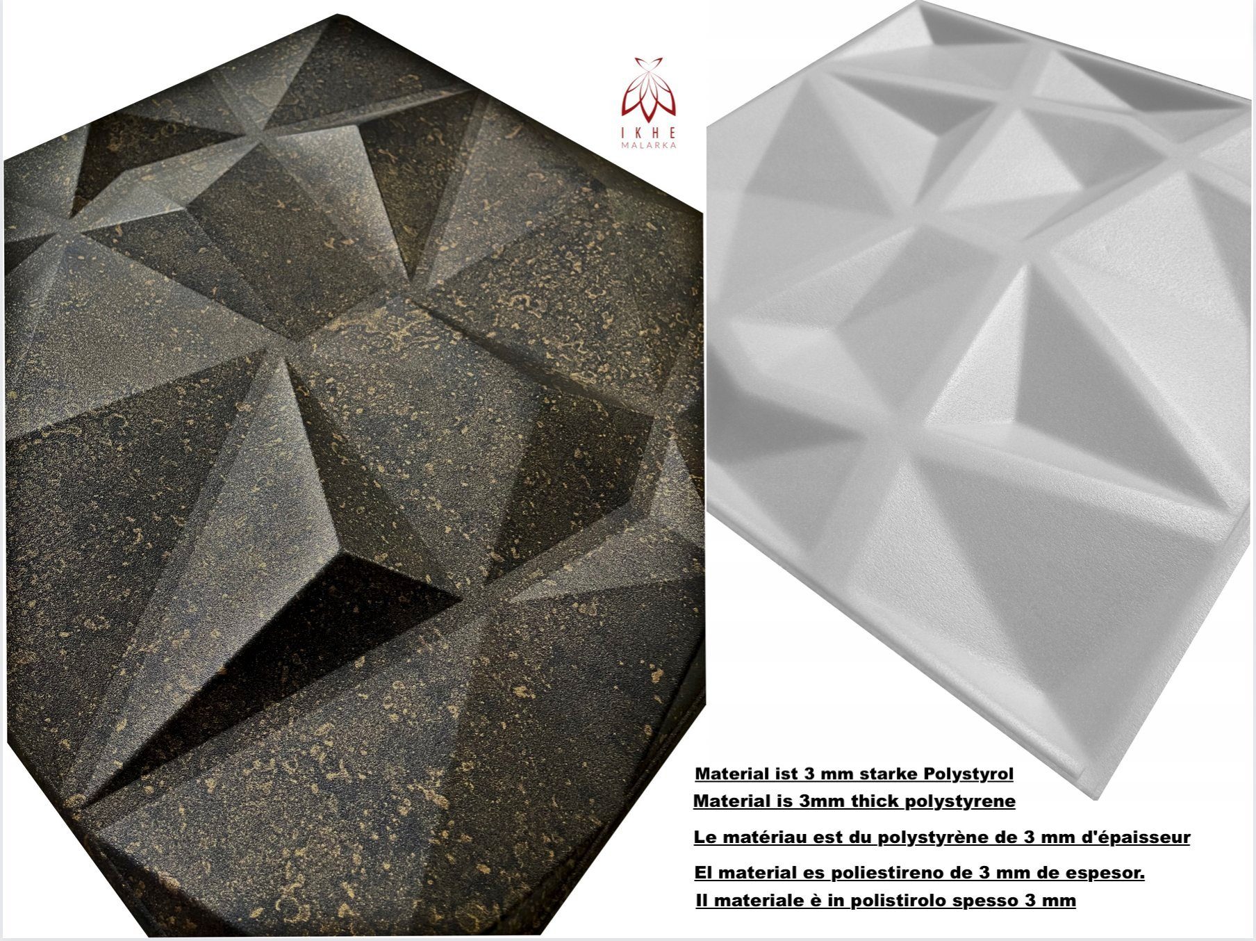 Deckenpaneele Wandverkleidung 44 3D 4m²/16PCS cm, Wandpaneel Diamant 50,00x50,00 BxL: qm POLYSTYROL Betonlook, IKHEMalarka 0,50