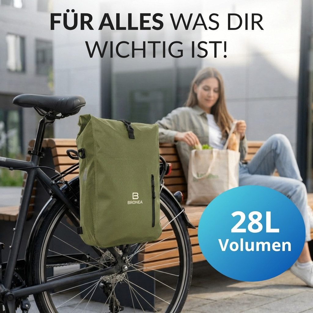 Bronea Fahrradtasche 3 in 1 Wasserdicht - 28L - OLIVEGREEN - Kombi Rucksack & Umhängetasche (Schnellmontage an Gepäckträger, integrierte Laptoptasche), Diamond-Struktur Laptoptasche 100% Wasserdicht Reflektierende Elemente