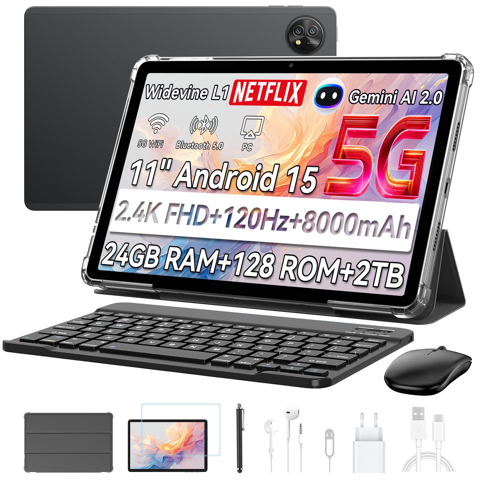 blackview 11" 5G Tablet mit Tastatur & Stift, Android 15, Widevine L1 für Arbeit Tablet (11", 256 GB, Android 15, 5G, 4G LTE, 11", 5G WiFi, 4G LTE/5G, 90Hz, Android 15, 13MP+16MP, Tiger T8200)