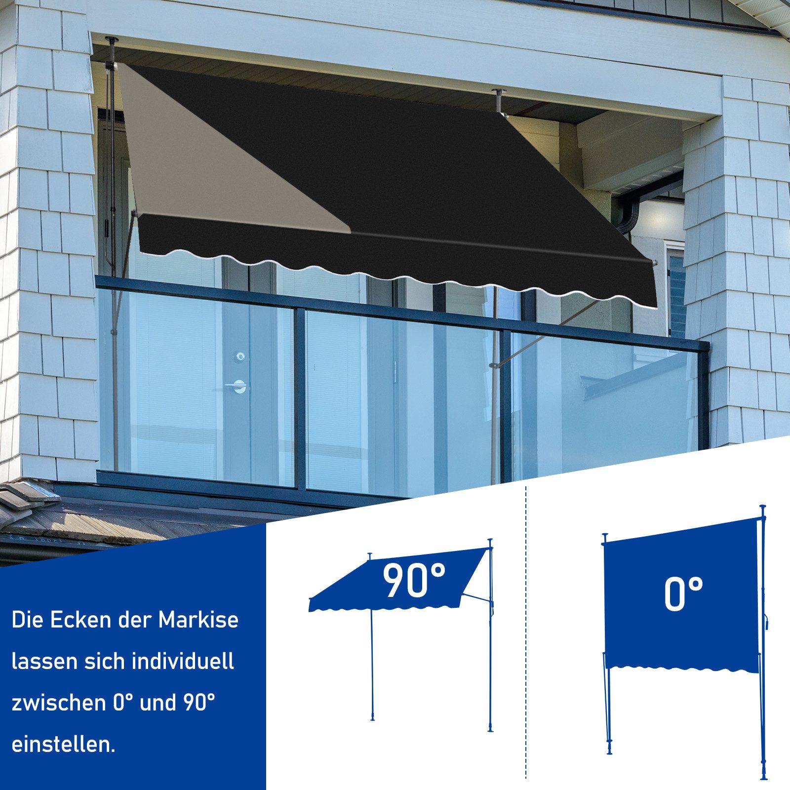 LALAHO Klemmmarkise Balkonmarkise 200/250/300cm Gelenkarm Markise Sonnenmarkise mit Handkurbel höhenverstellbar,Sonnenschutz UV-beständig wasserdicht