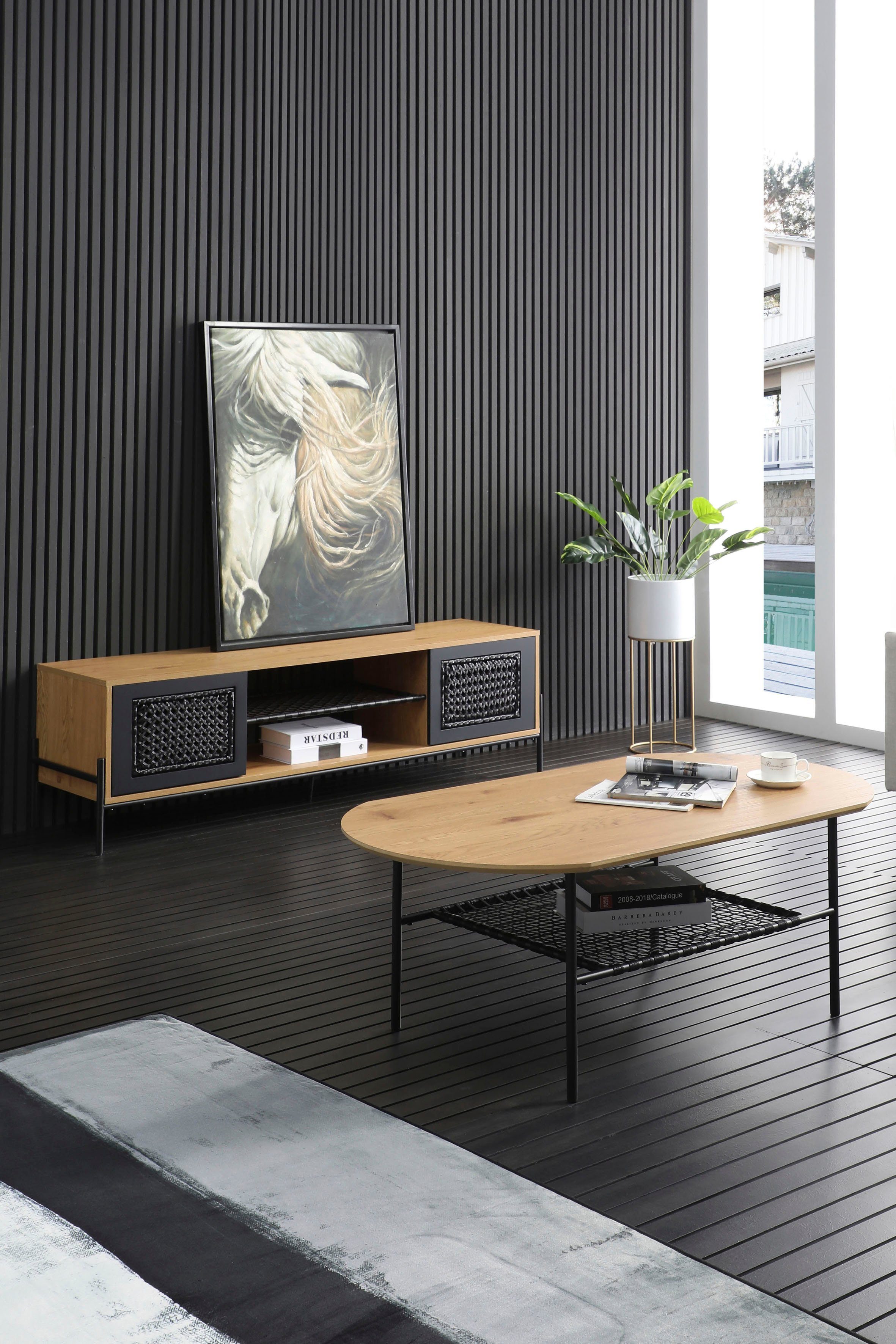 SalesFever Lowboard, Mit mattschwarzem Einsatz aus Polyrattan