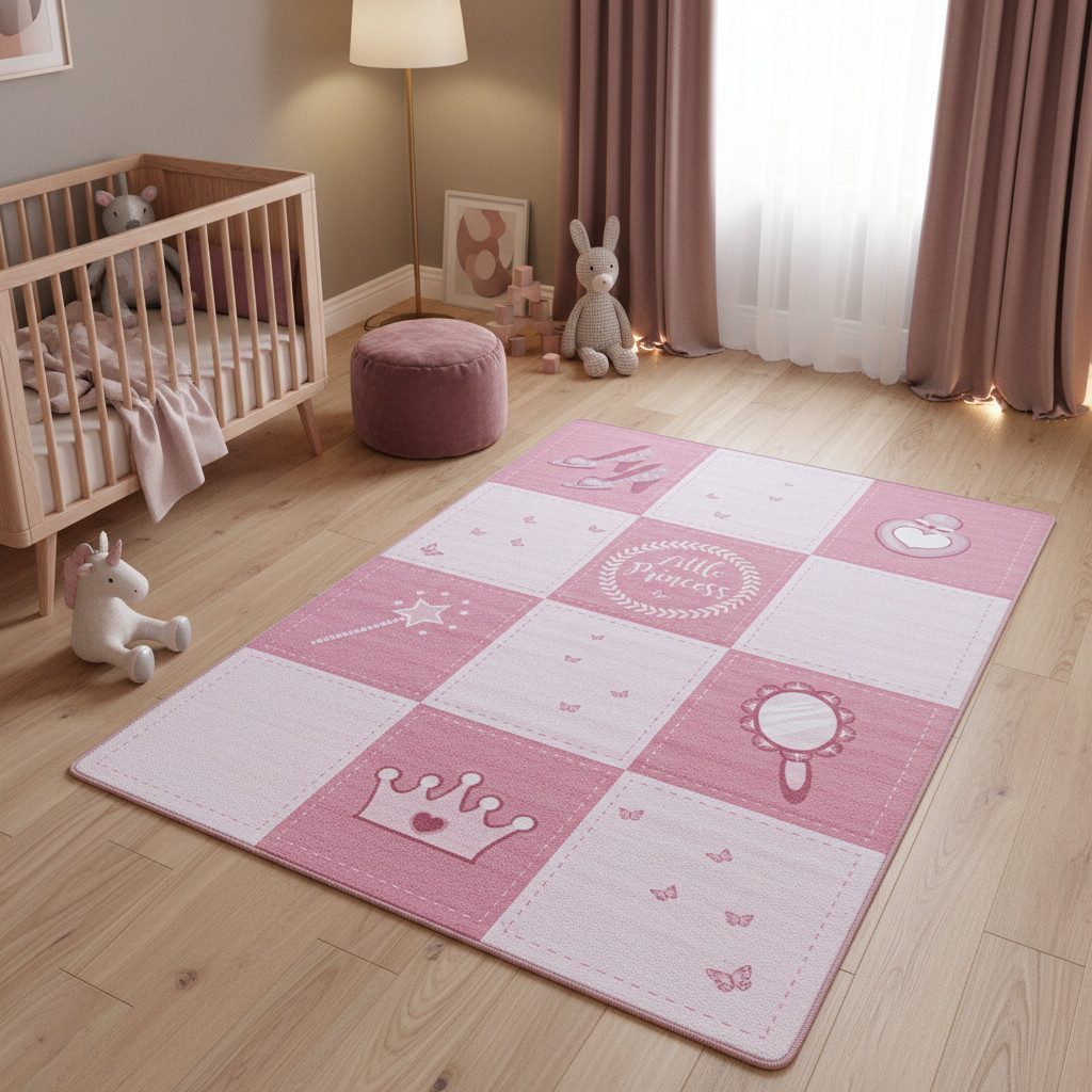 KADIMA DESIGN Kinderteppich TRAUN Spielteppich Kinderzimmer Waschbar Webteppich Rutschfest, Läufer, Höhe: 8 mm, 80x120 cm, Strapazierfähig Fußbodenheizung Prinzessin Waschbar