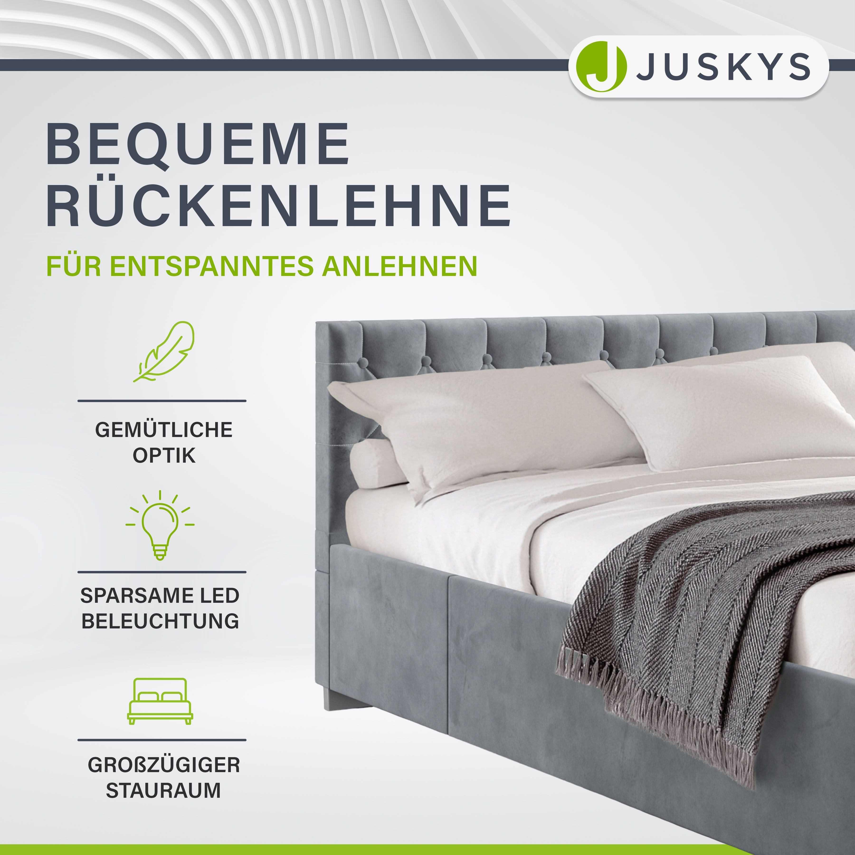 Juskys Polsterbett Nizza, 180x200 cm, LED Licht, Stauraum, Samtbezug, inkl. Matratze