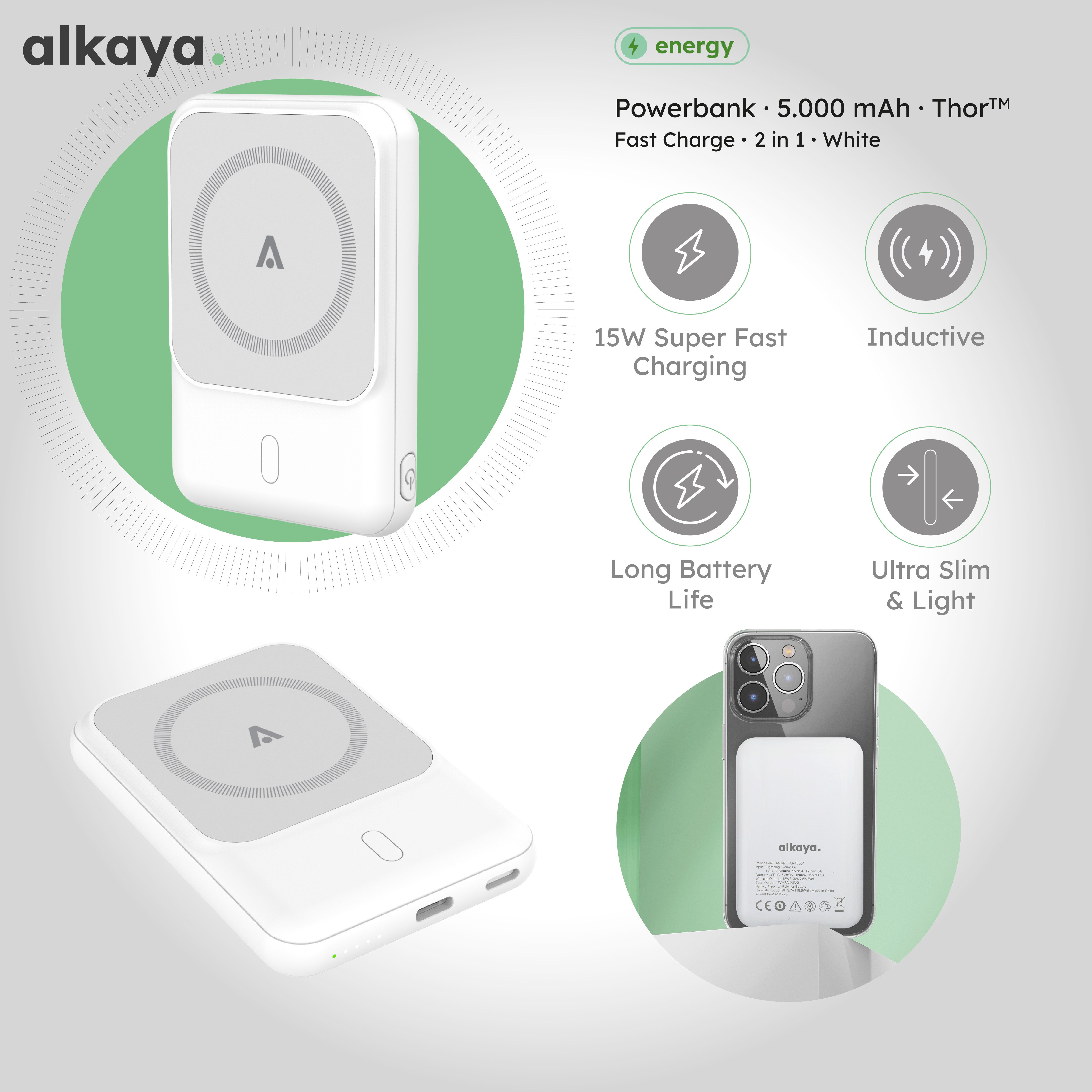 alkaya. Powerbank 5.000 mAh: Induktives Laden, Ports, kompatibel mit MagSafe Powerbank 5000 mAh, LED-Anzeige, Schnellladefunktion