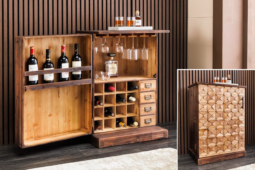 riess-ambiente Barschrank BODEGA 90cm natur - Pinienholz, Glashalter, Schubladen, handgefertigt (Einzelartikel, 1-St) Design Weinregal - ideal zur Unterbringung von Flaschen und Vorräten