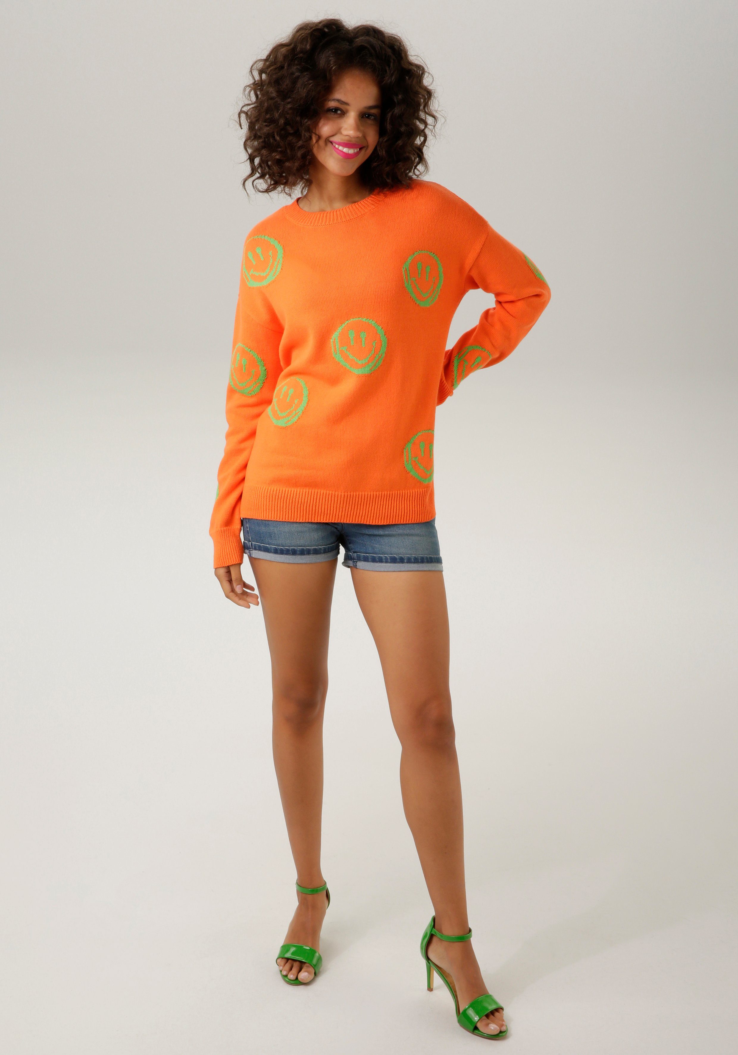 orange-apfelgrün mit - Smileys CASUAL eingestrickten Aniston KOLLEKTION Strickpullover NEUE