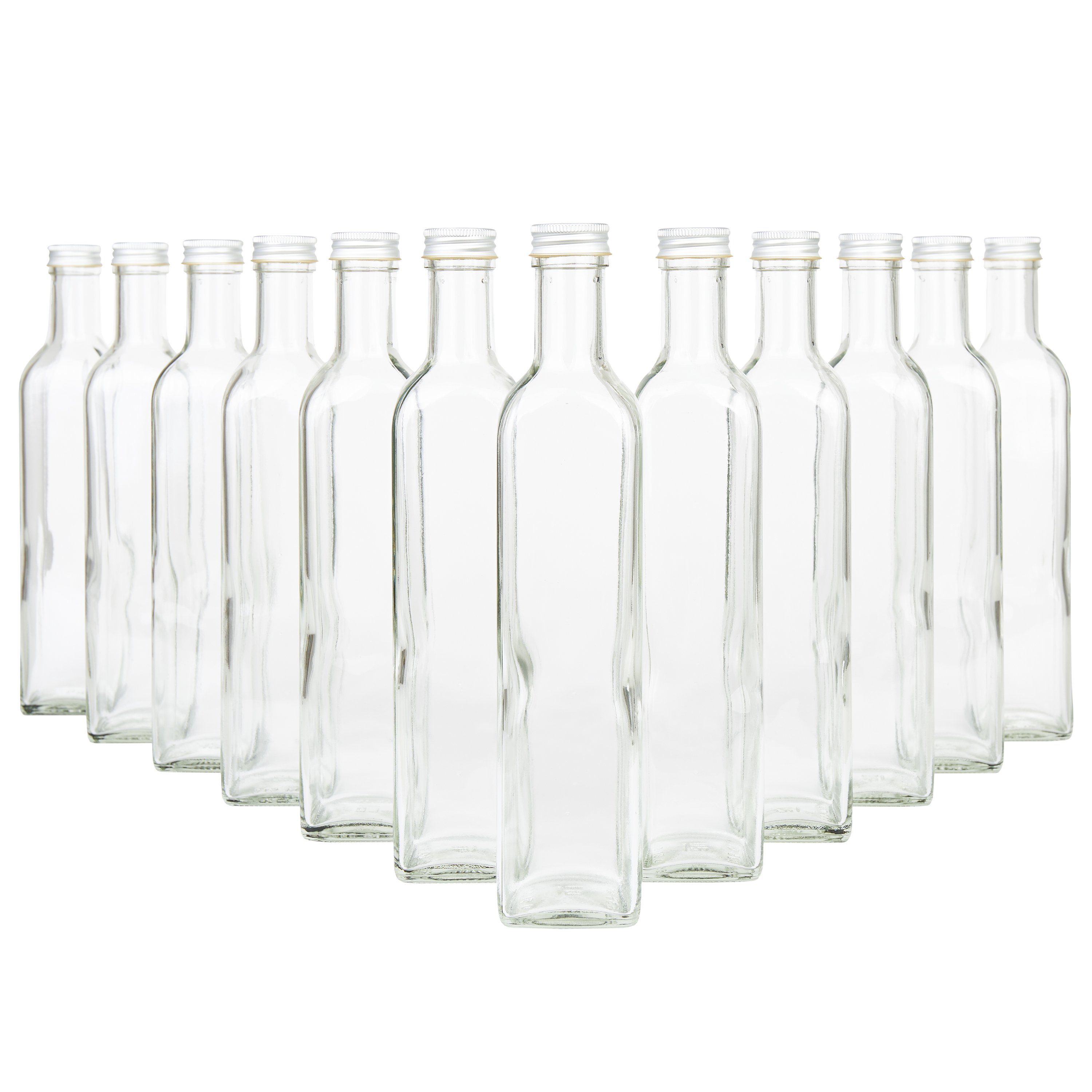 Einmachglas MamboCat PP31,5, Flasche Glas Schraubdeckel Aluminium 500ml Set silber 12er + Marasca