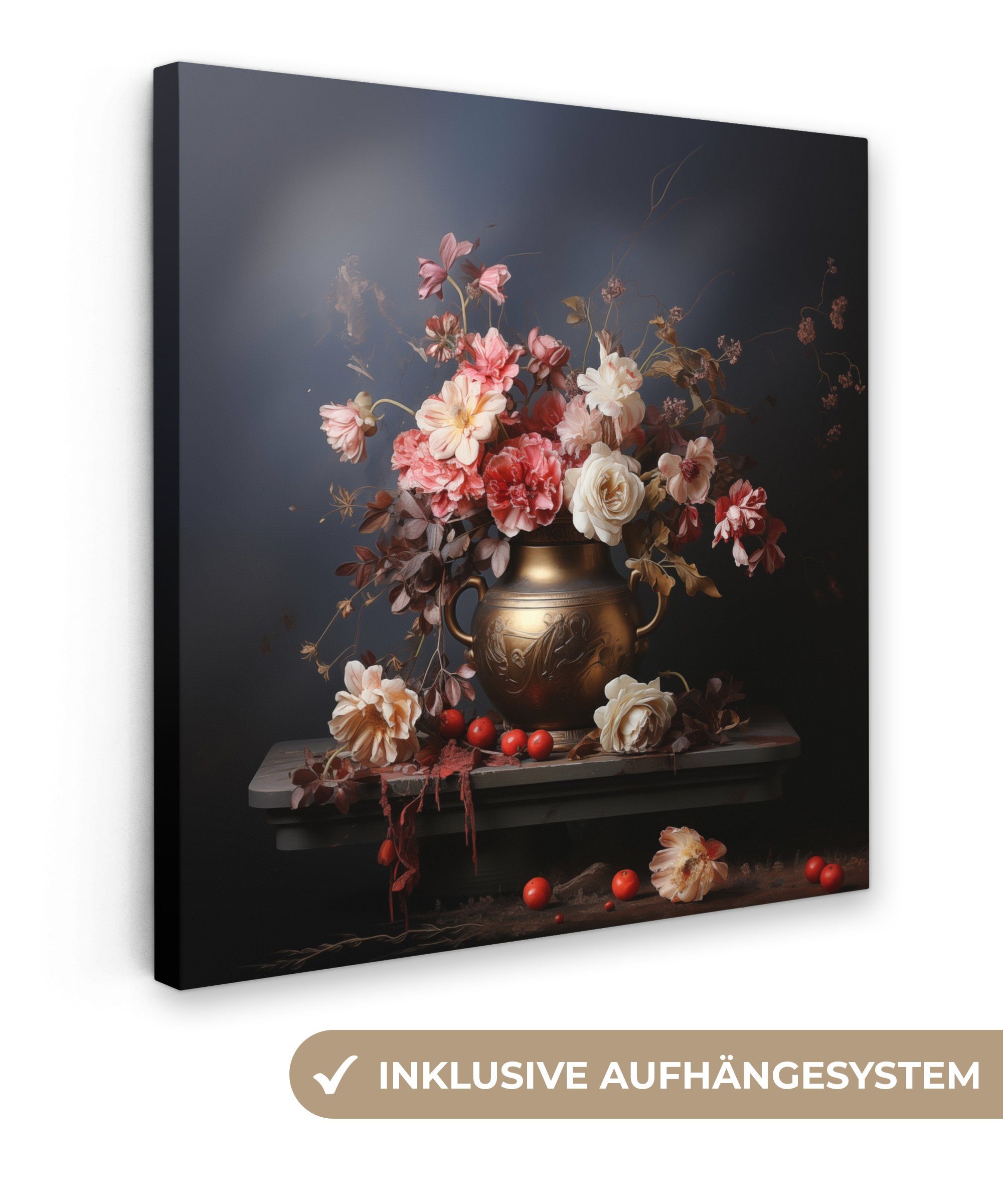 OneMillionCanvasses® Leinwandbild Stilleben - Blumen - Rosen - Blumenstrauß - Vase, Fotodruck (1 St), Vintage Deko Bilder Wohnzimmer, Wanddeko Retro, 20x20 cm