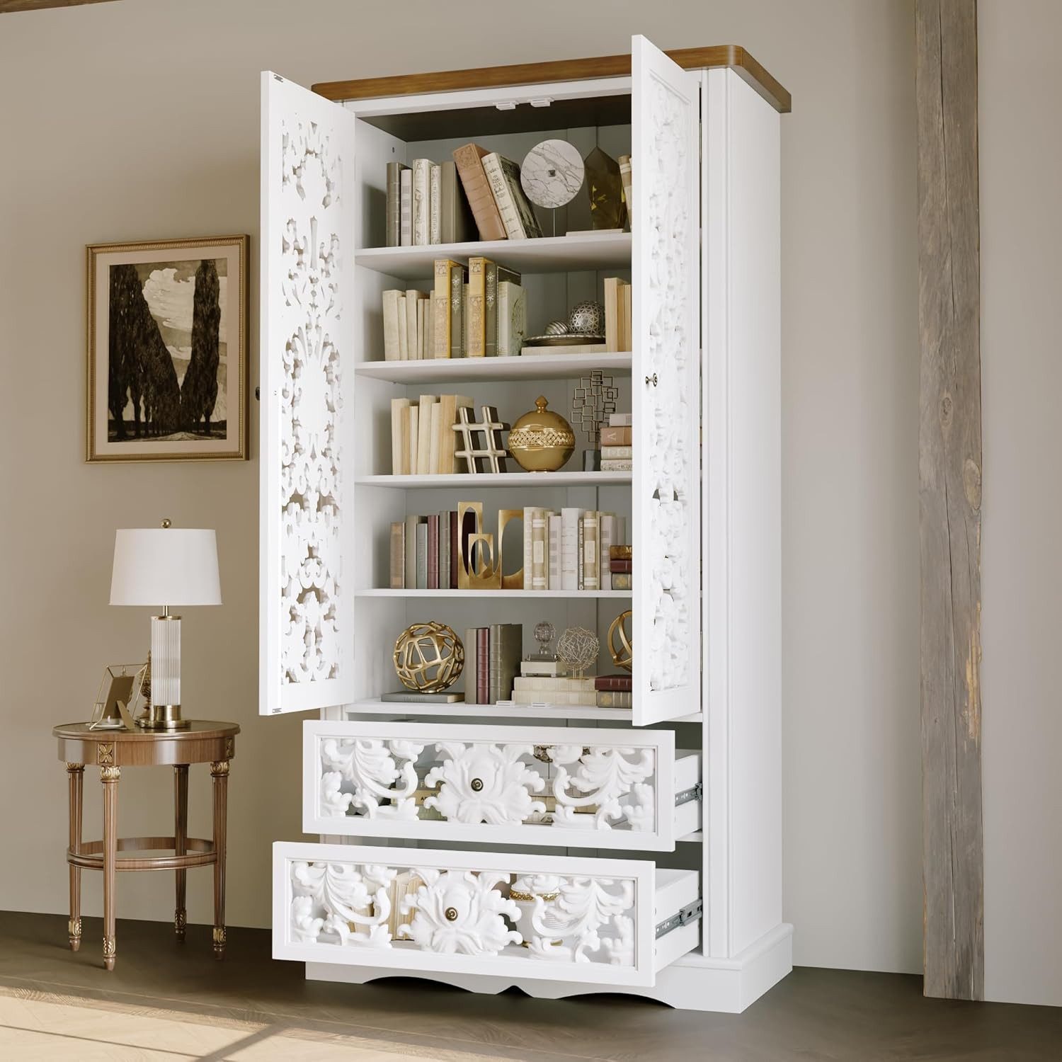 FUFU&GAGA Buffet Geschirrschrank mit geschnitzten Türen, Weiß, HDF, 84×40×168 cm – Bild 4 von 5