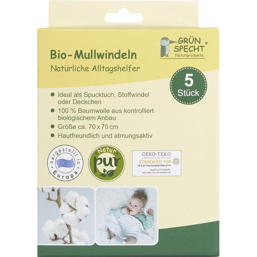 GRÜNSPECHT Spucktuch Bio-Mullwindeln, (Packung, 5-tlg., 5er Pack), kbA-Baumwolle; 60°C, trocknergeeignet