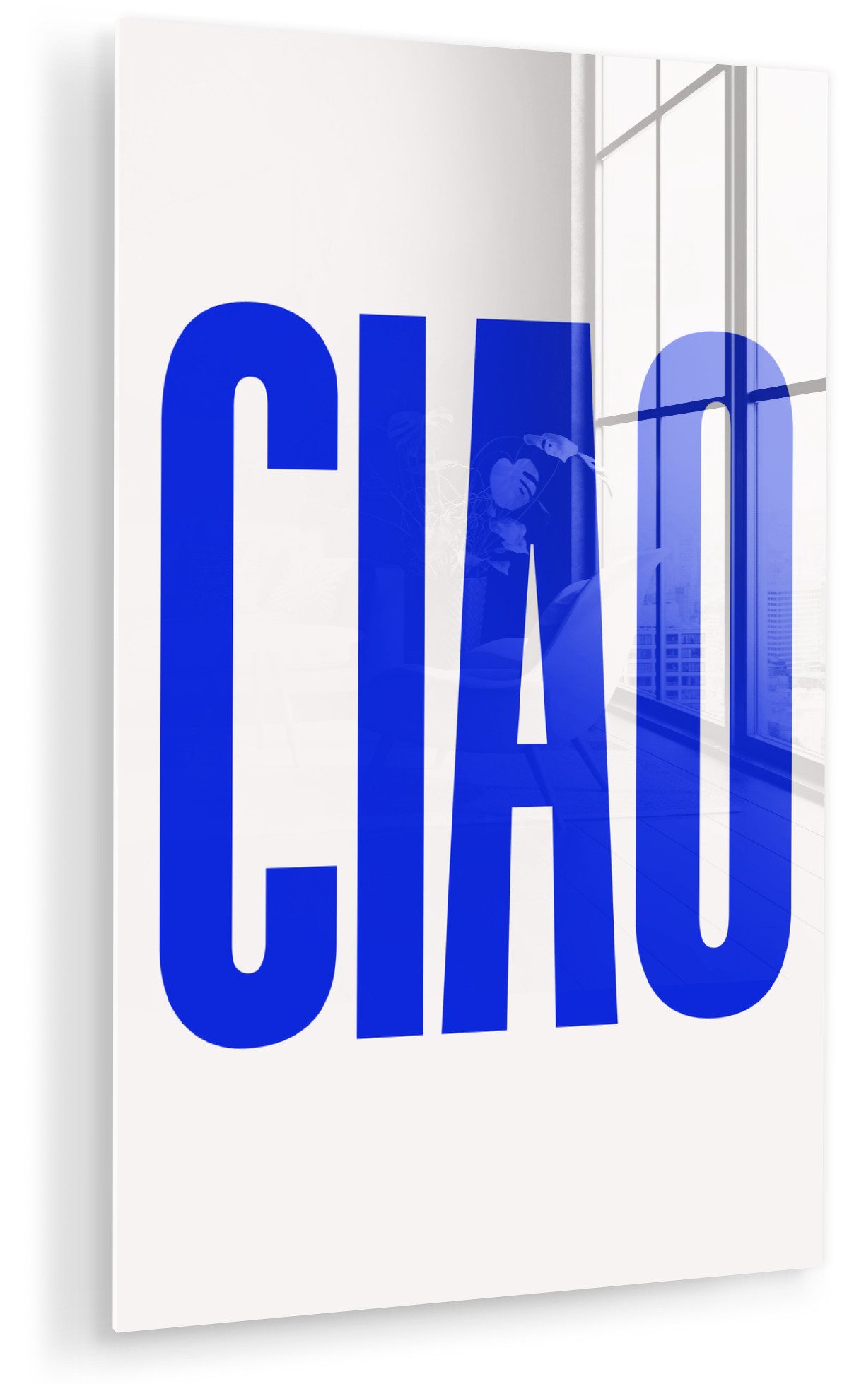 MuchoWow Acrylglasbild Ciao - Großbuchstaben - Blau - Minimalistisch, Inkl. Aufhängung, Dekorative Bild für Küche & Wohnzimmer auf Glas, 20x30 cm