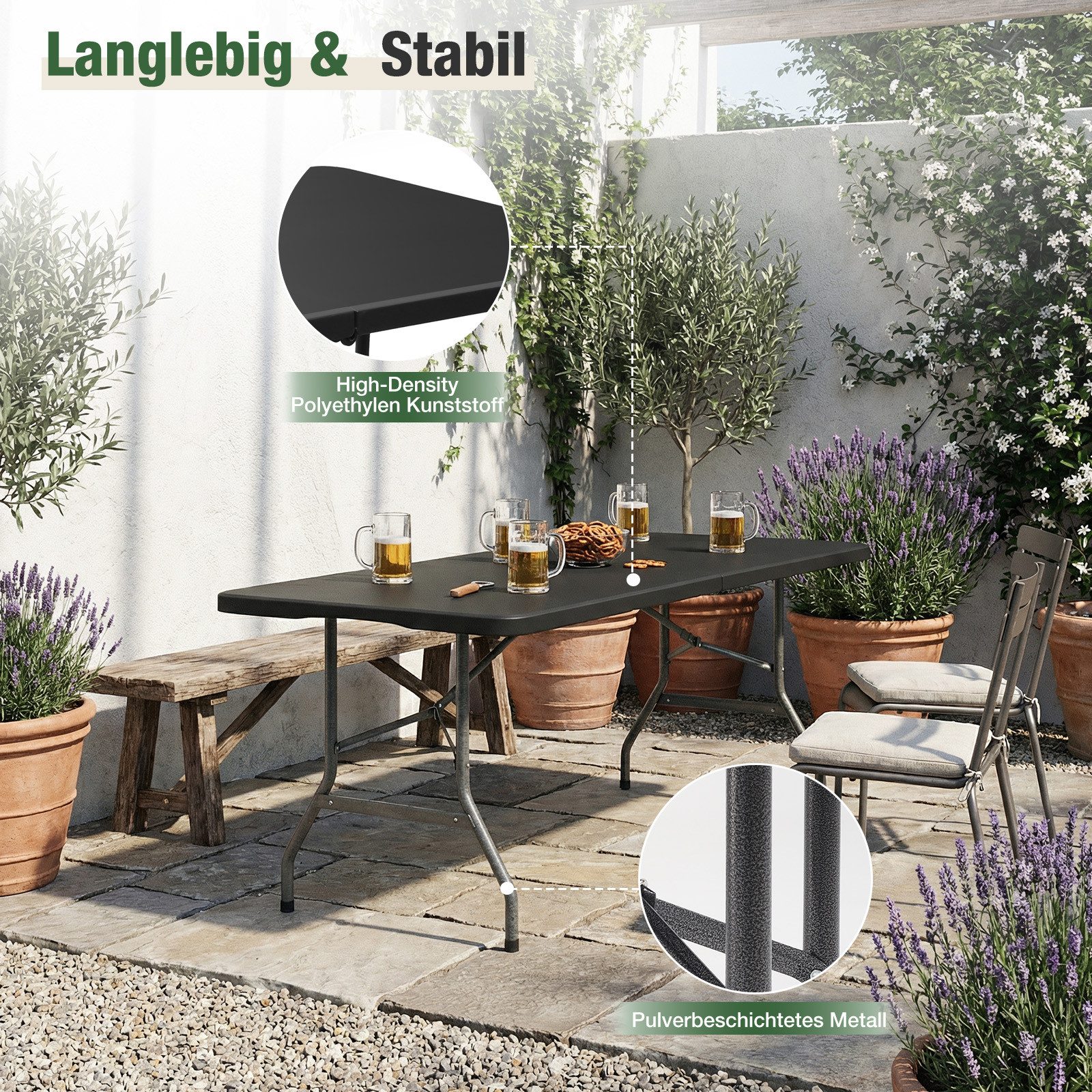 Sekey Bierzeltgarnitur Campingtisch Klappbar Partytisch Buffettisch Gartentisch Tragbar, Robust, Stabile, für 4 Personen, mit Tragegriff, 150 cm – Bild 4 von 5