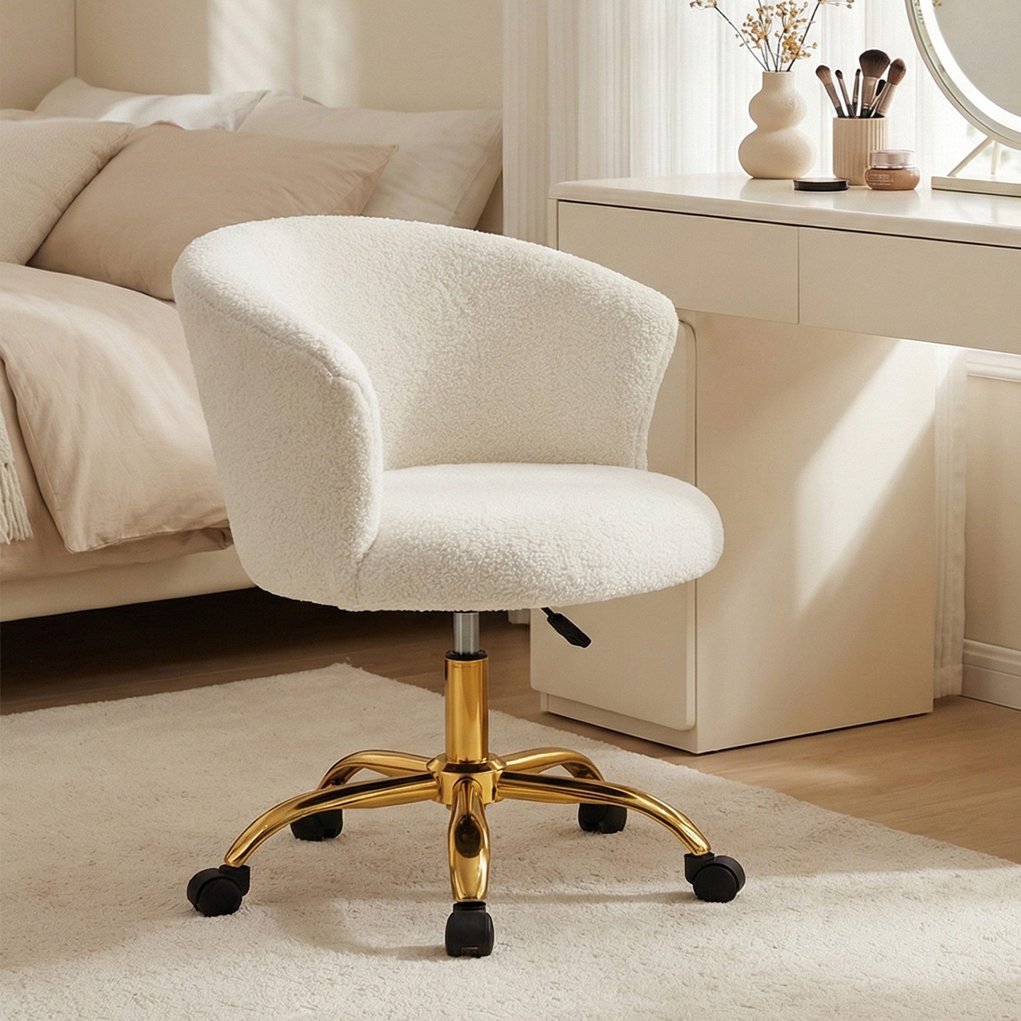 Vinsetto Bürostuhl Drehstuhl, Schminktischstuhl mit Teddy-Fleece-Optik, goldene Beine (höhenverstellbarer Schreibtischstuhl, 1 St), für Arbeitszimmer, Schlafzimmer, Weiß