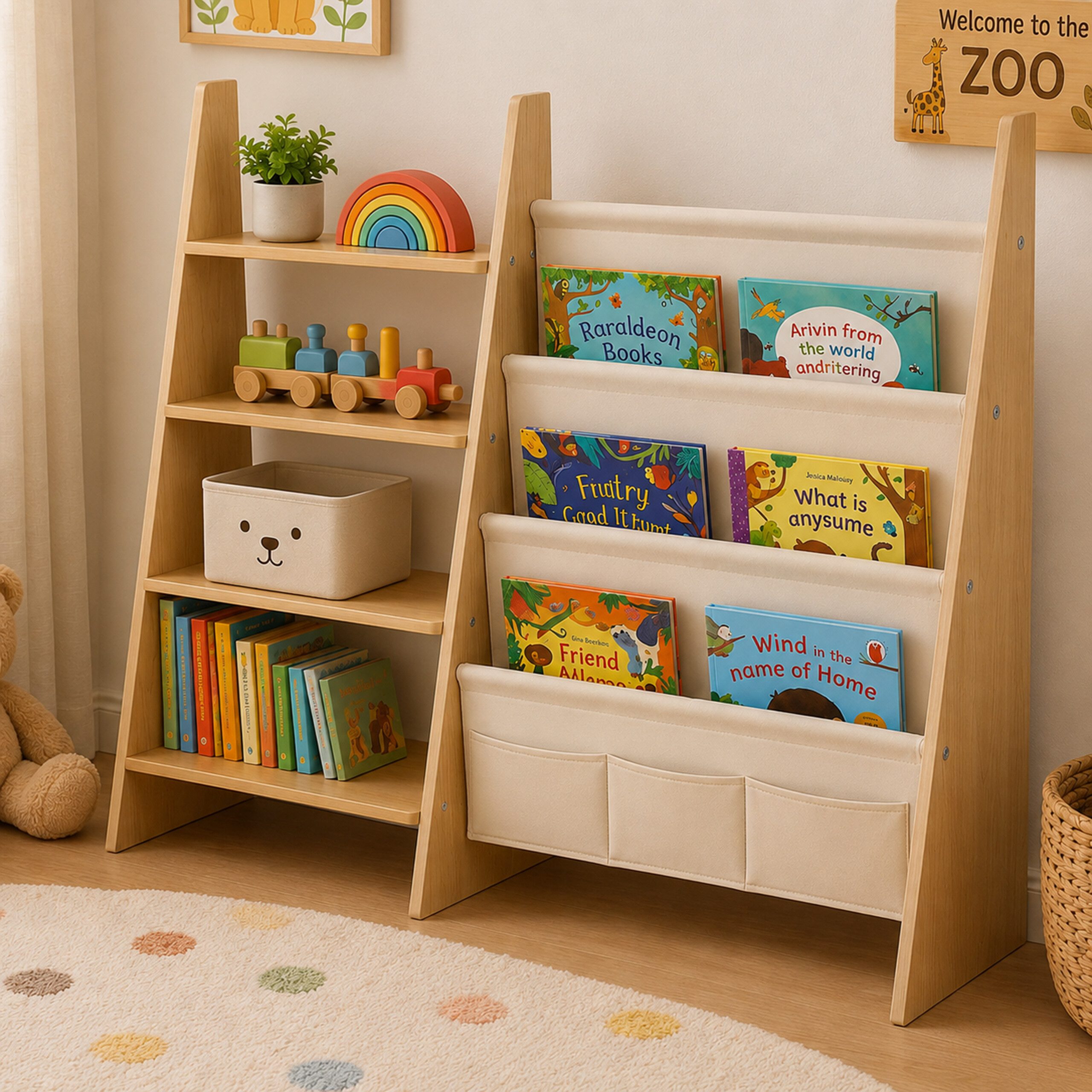 relaxdays Kinderregal Kinderbücherregal Stofftaschen & Ablagen