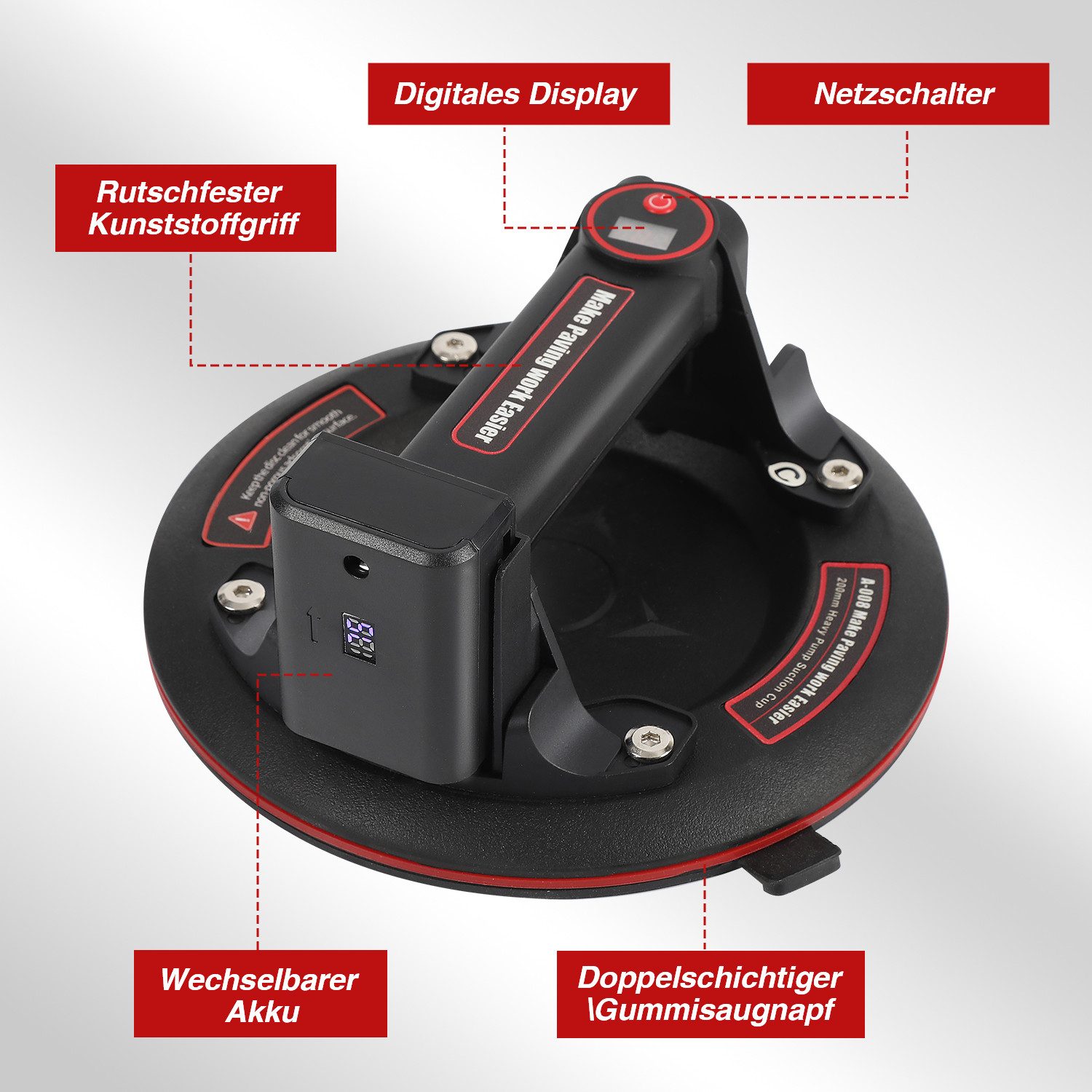 Clanmacy Saugheber 2x Elektrischer Saugnapf Fliesenheber Glassauger Datendisplay 4 Akku, 2-tlg.] – Bild 5 von 5